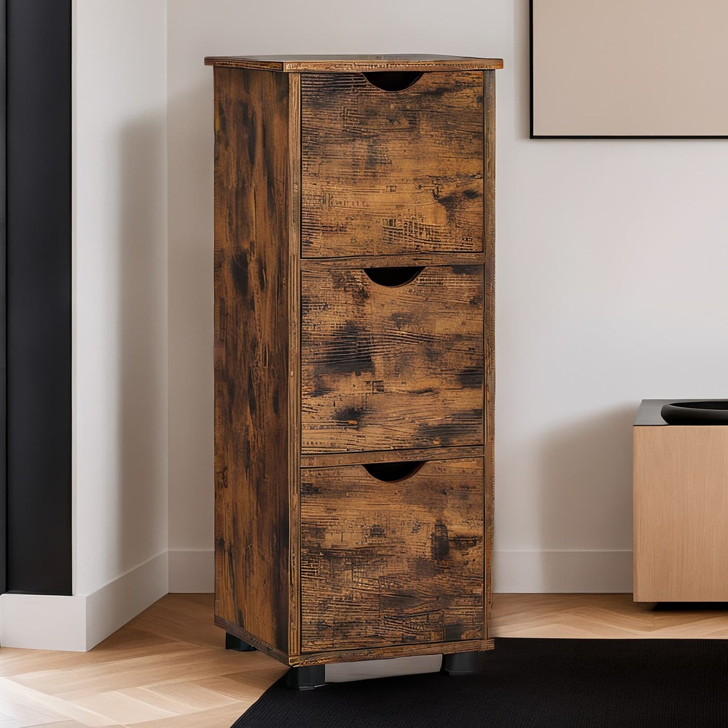 Bathroom Storage Cabinet - Wood - Rustic Brown - Slim Design with 3 Drawers