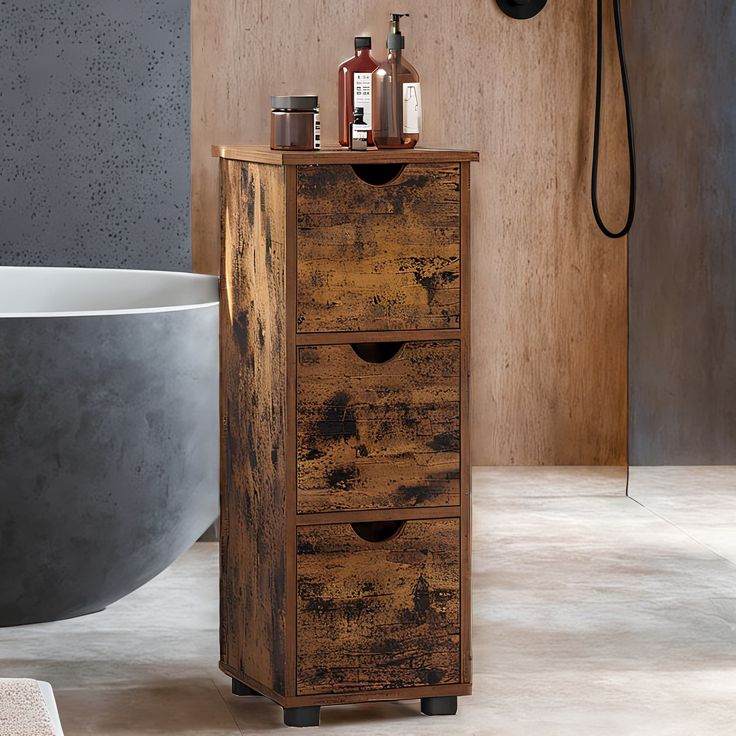 Bathroom Storage Cabinet - Wood - Rustic Brown - Slim Design with 3 Drawers