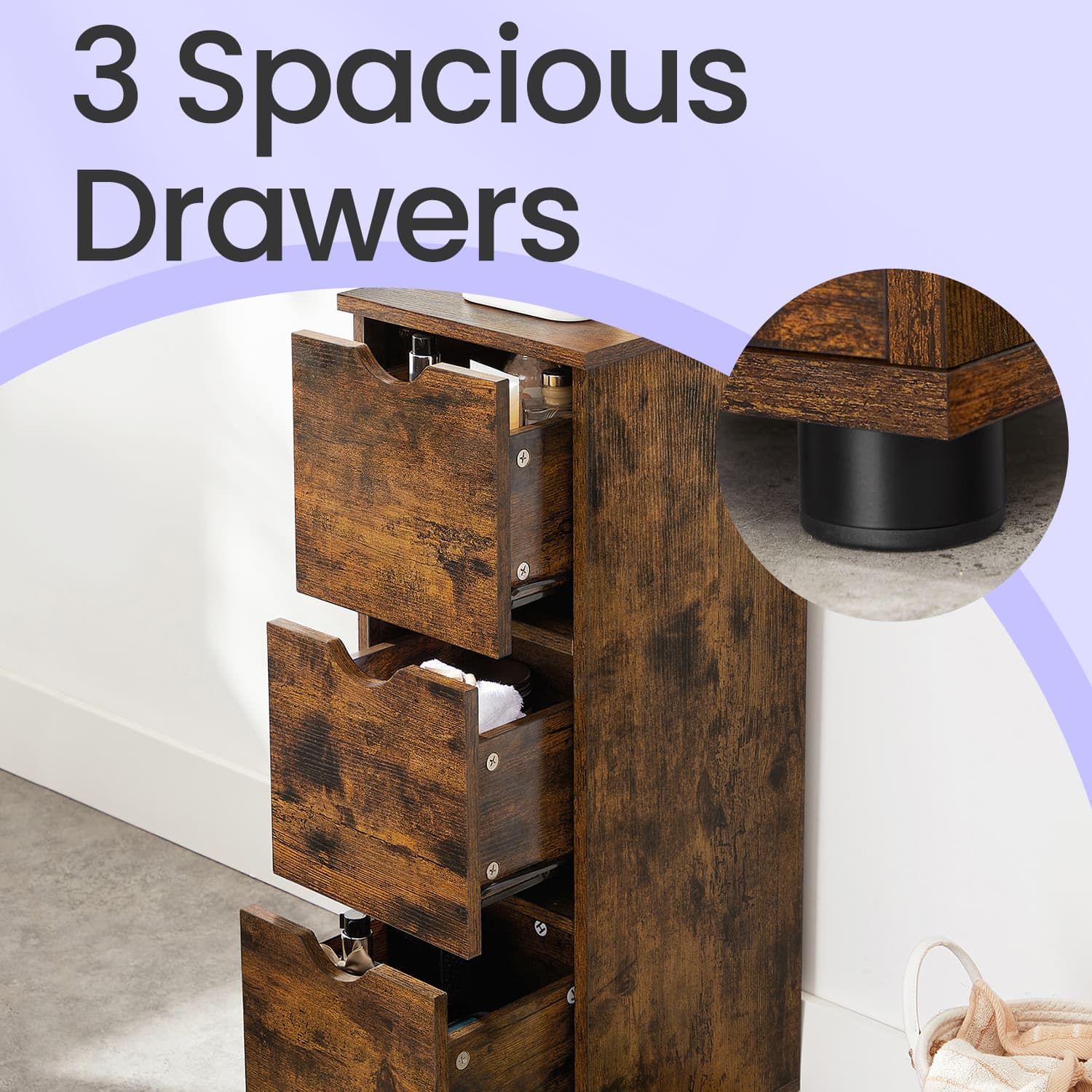 Bathroom Storage Cabinet - Wood - Rustic Brown - Slim Design with 3 Drawers