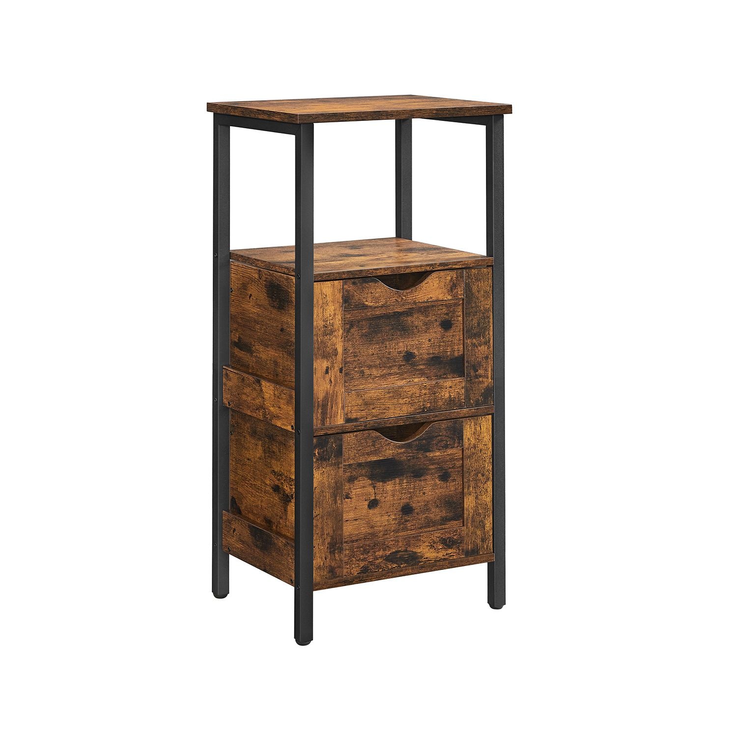 Bathroom Storage Cabinet - Wood - Rustic Brown and Black - Space Saving with 2 Drawers and Open Compartment