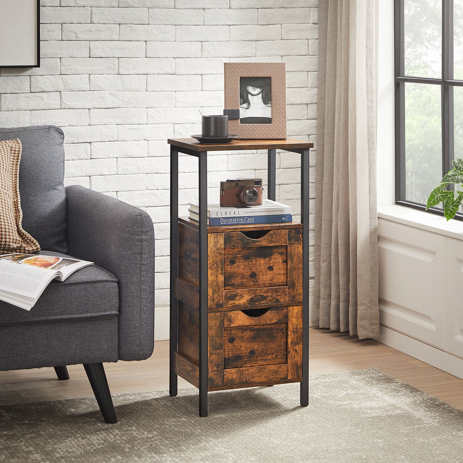 Bathroom Storage Cabinet - Wood - Rustic Brown and Black - Space Saving with 2 Drawers and Open Compartment