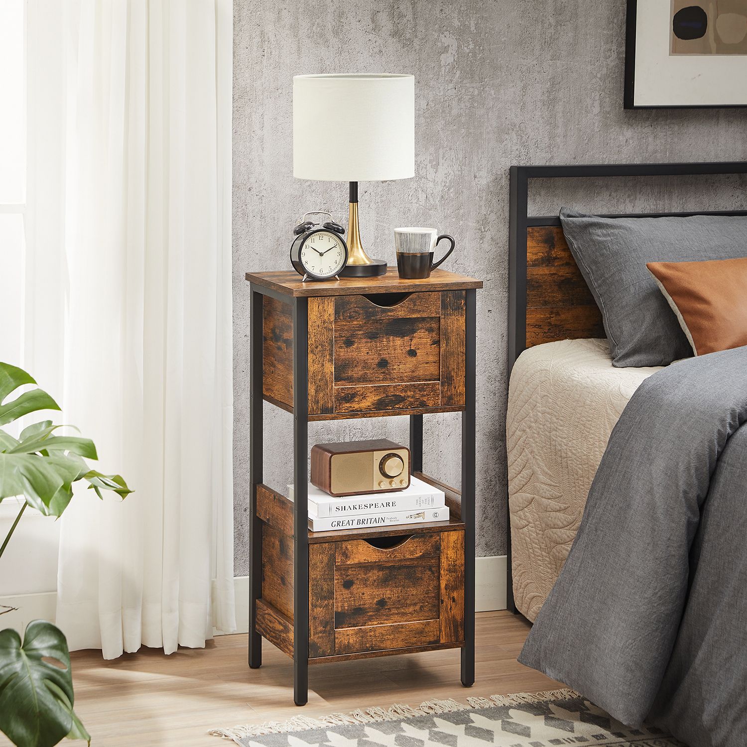 Bathroom Storage Cabinet - Wood - Rustic Brown and Black - Space Saving with 2 Drawers and Open Compartment