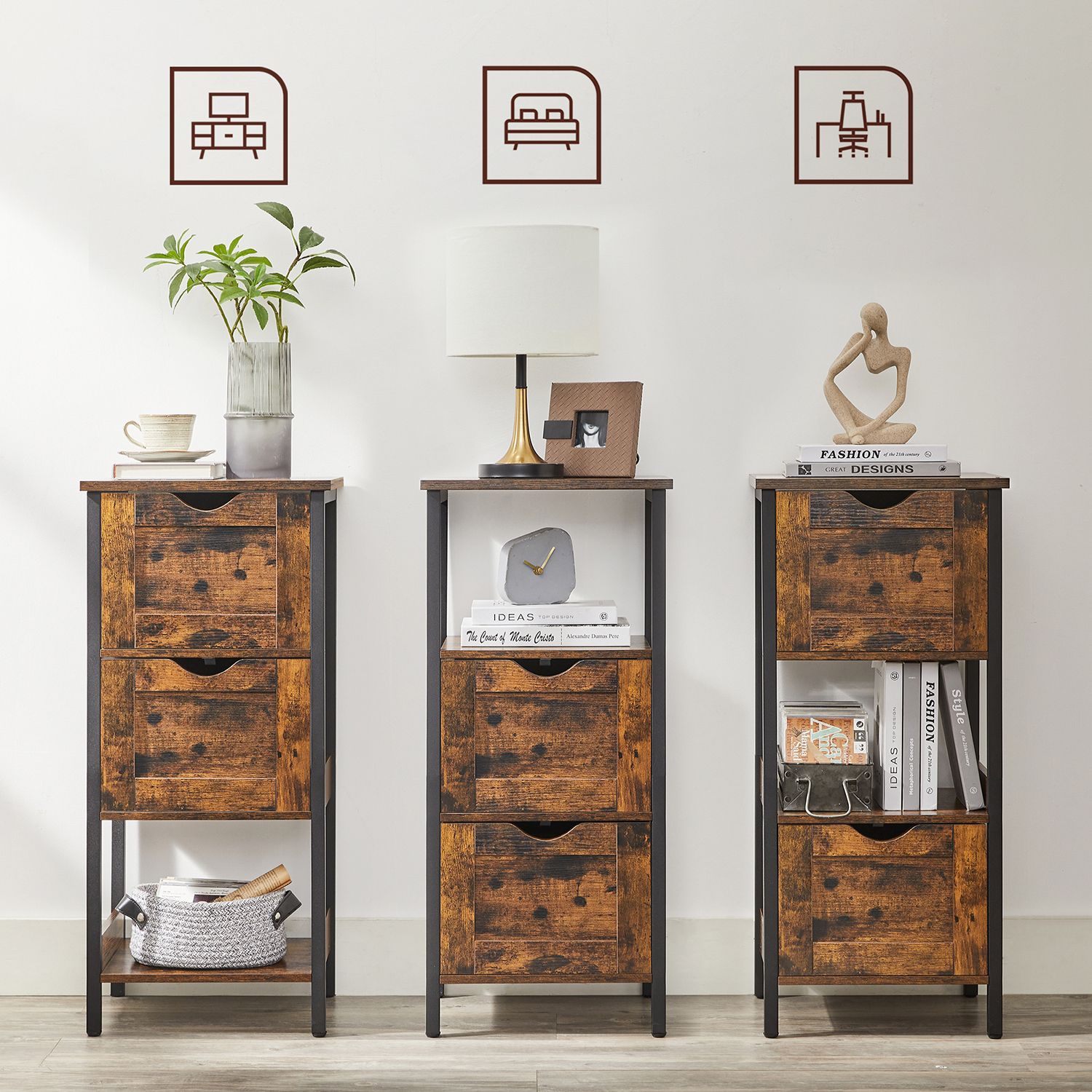 Bathroom Storage Cabinet - Wood - Rustic Brown and Black - Space Saving with 2 Drawers and Open Compartment