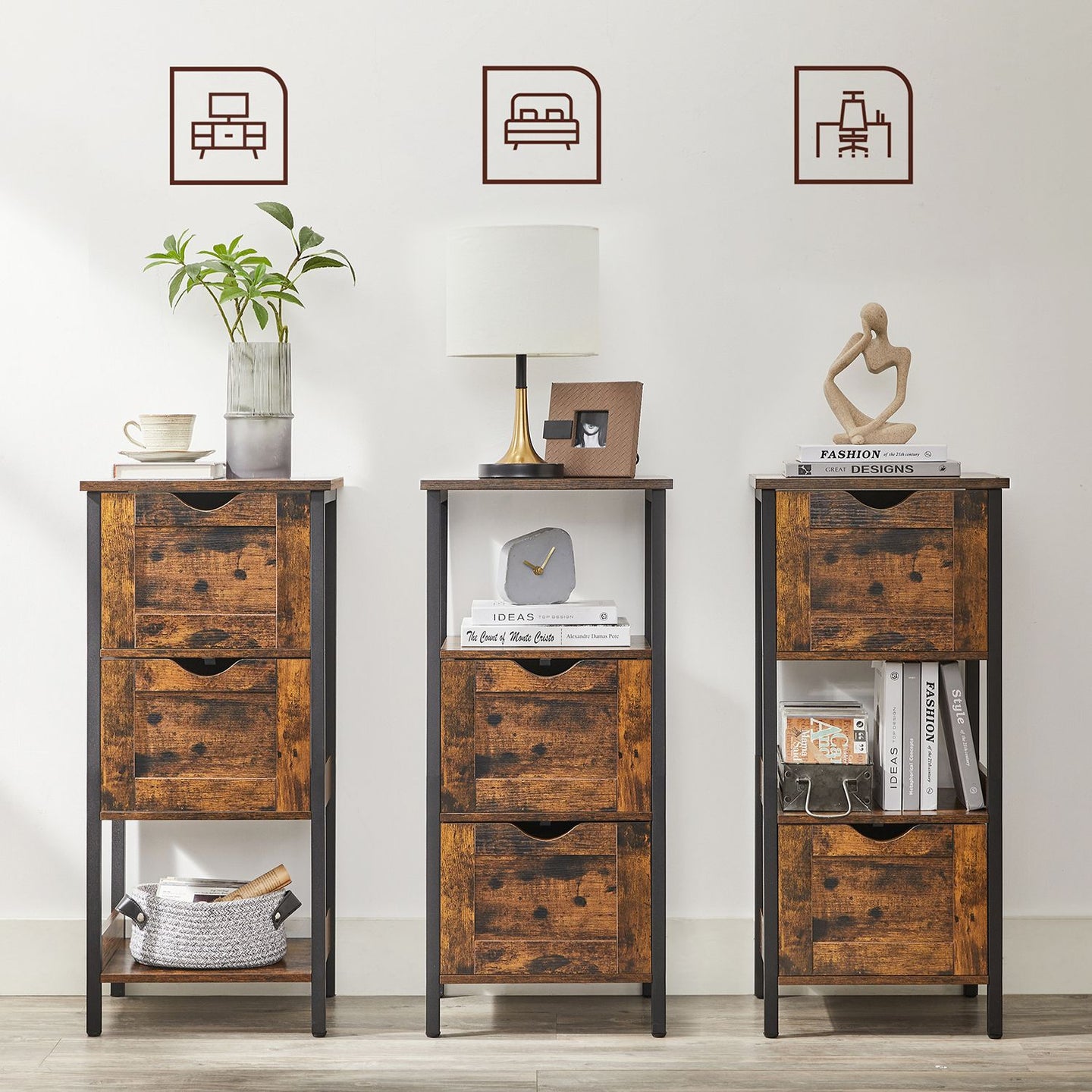Bathroom Storage Cabinet - Wood - Rustic Brown and Black - Space Saving with 2 Drawers and Open Compartment