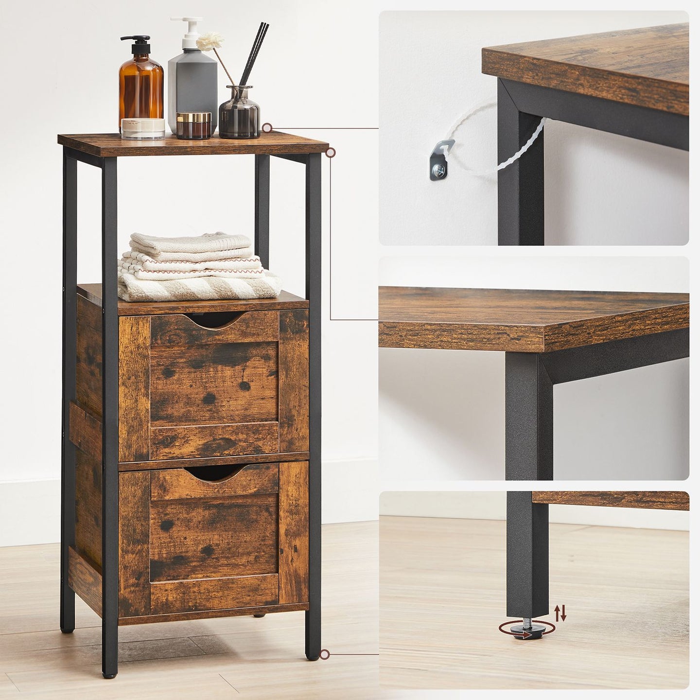 Bathroom Storage Cabinet - Wood - Rustic Brown and Black - Space Saving with 2 Drawers and Open Compartment