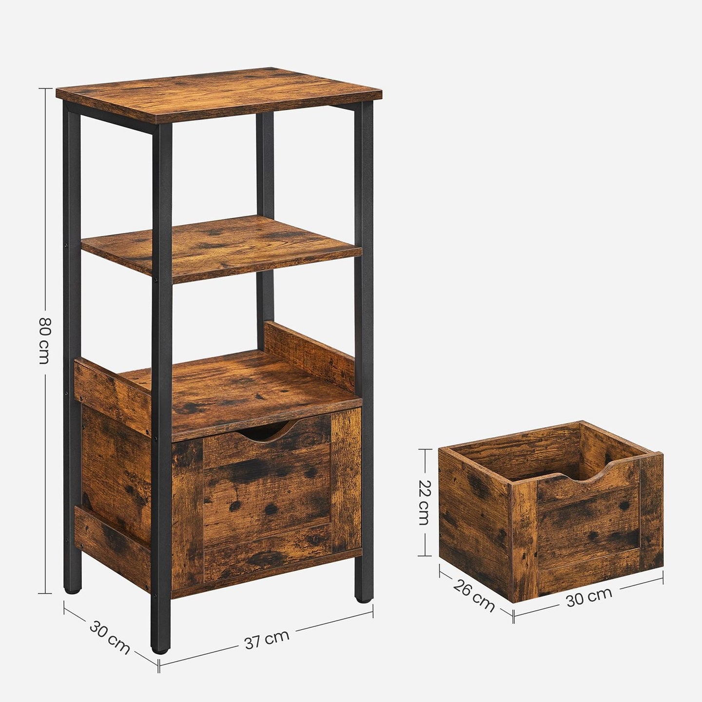 Bathroom Storage Cabinet - Wood - Rustic Brown and Black - Space Saving with 2 Drawers and Open Compartment