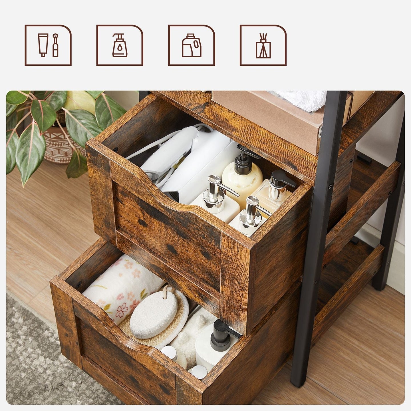Bathroom Storage Cabinet - Wood - Rustic Brown and Black - Space Saving with 2 Drawers and Open Compartment