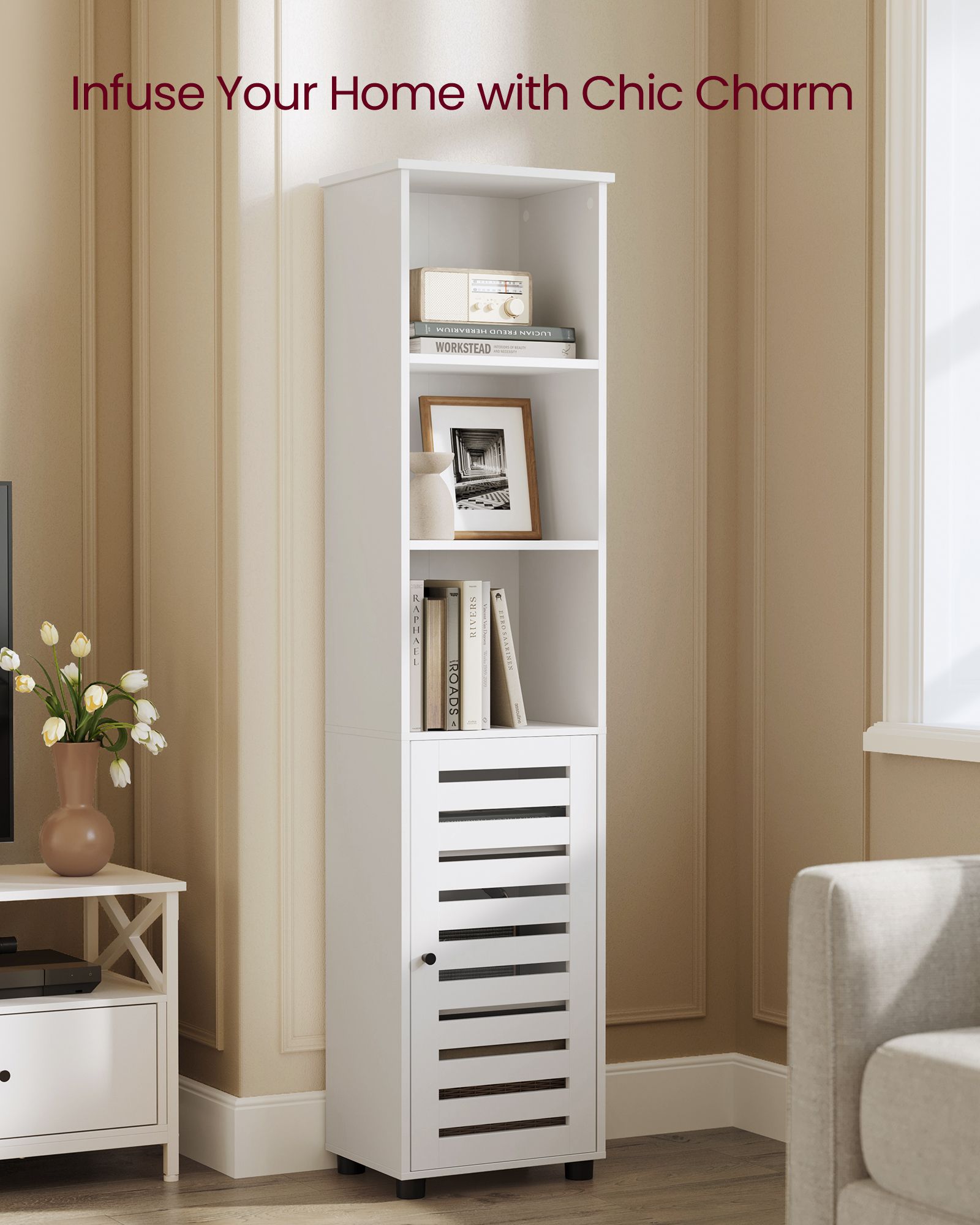 Bathroom Floor Cabinet - Engineered Wood - Cloud White - 3 Open Compartments