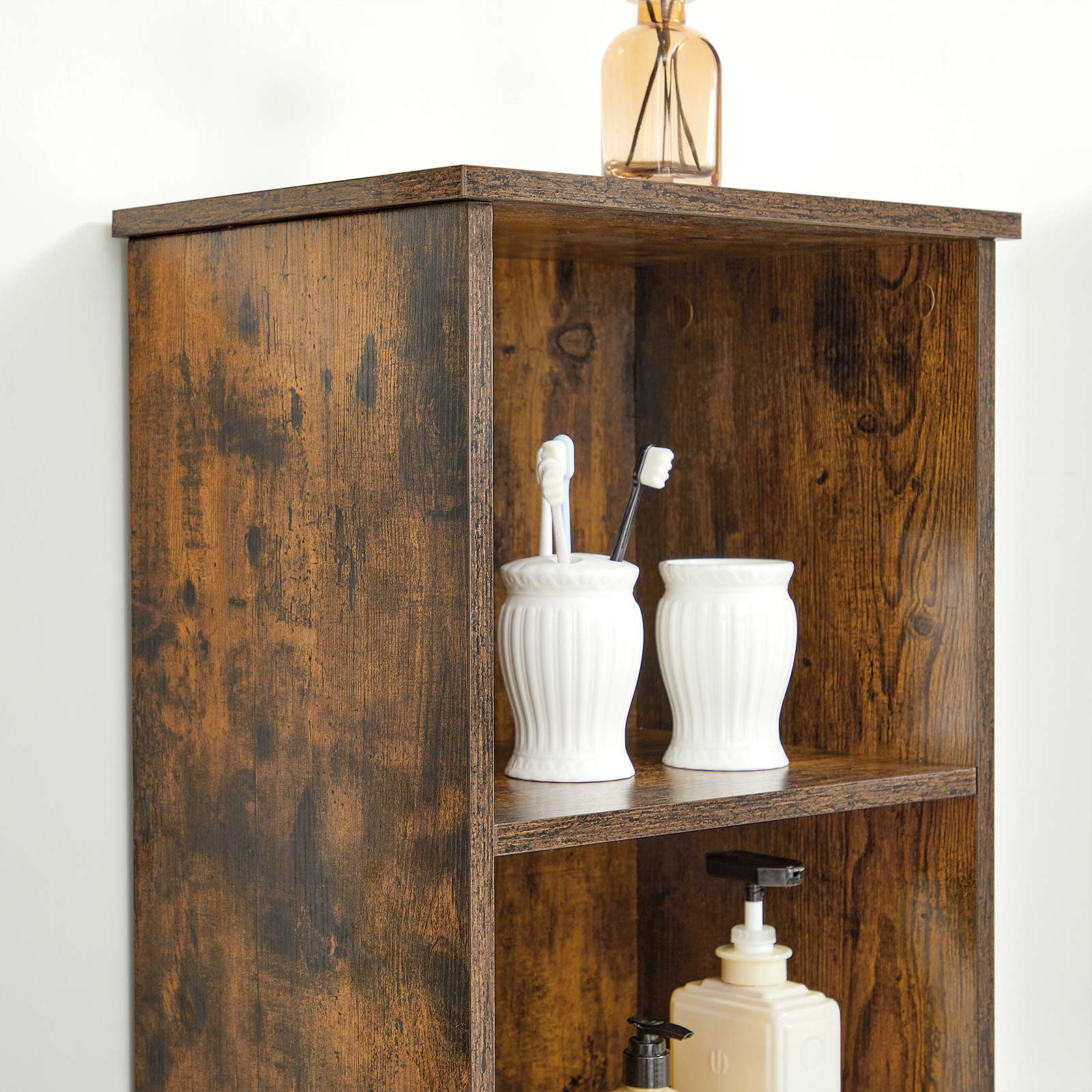 Floor Cabinet - Engineered Wood - Rustic Brown - Tall Design with Adjustable Shelves and Open Compartments