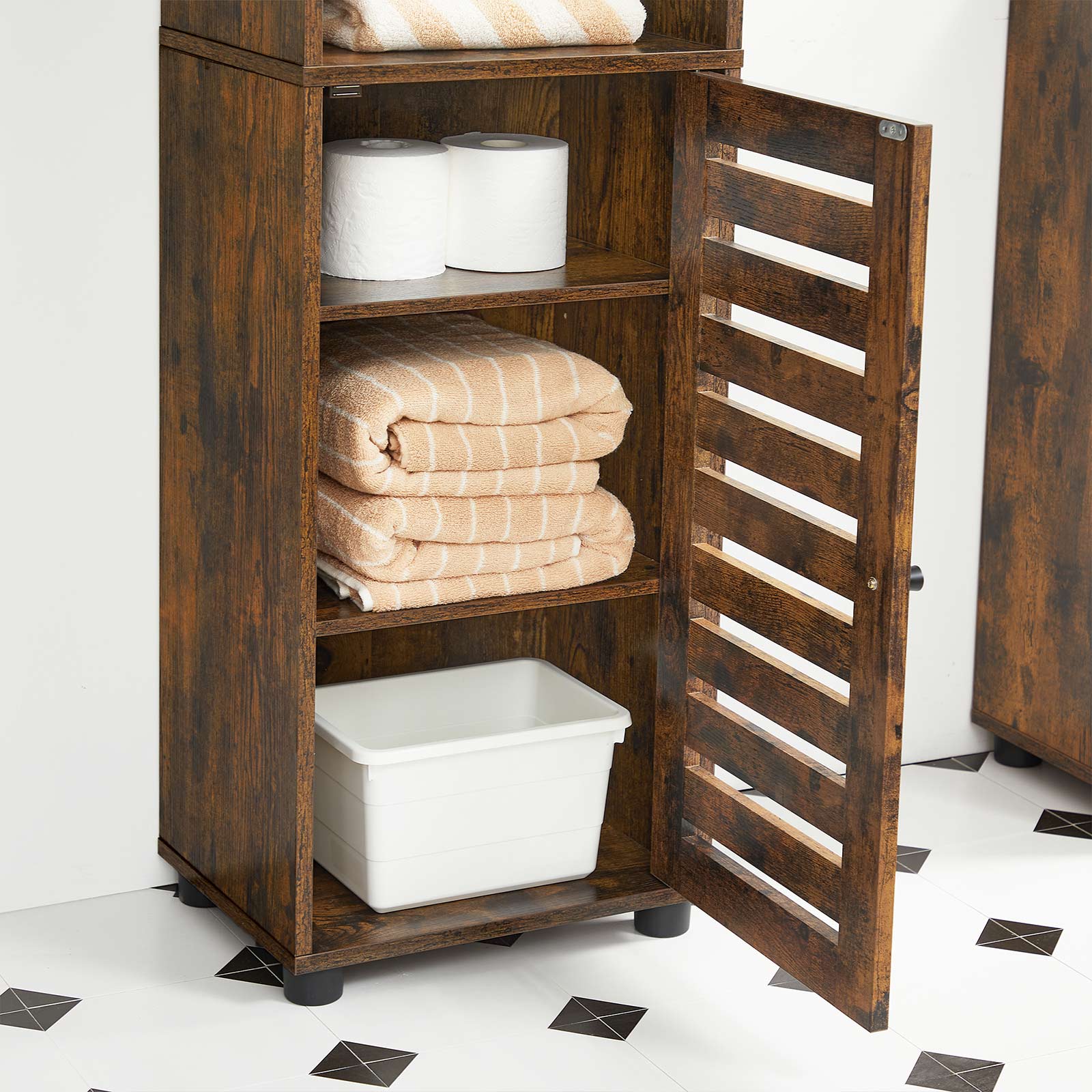 Floor Cabinet - Engineered Wood - Rustic Brown - Tall Design with Adjustable Shelves and Open Compartments