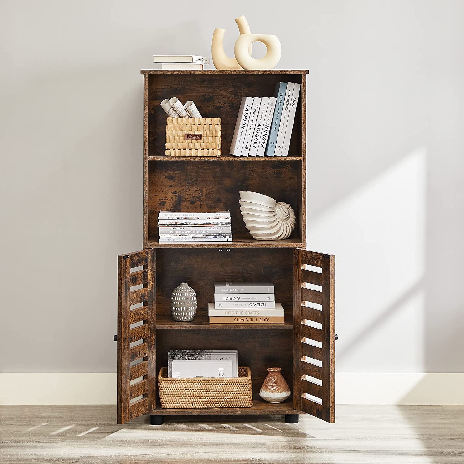 Floor Standing Cabinet - Engineered Wood - Rustic Brown - Louvered Doors