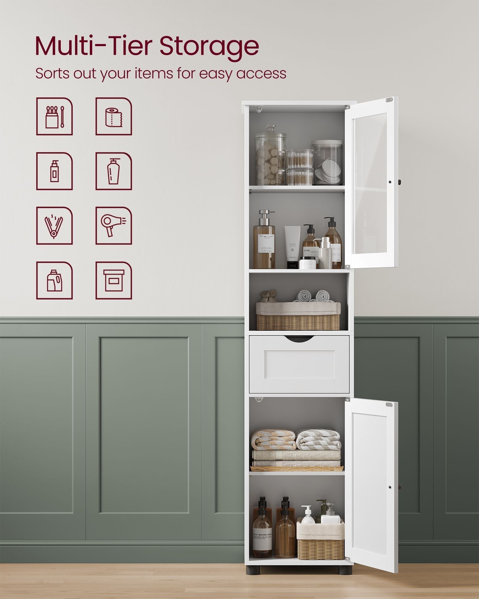 Free-Standing Bathroom Cabinet - Wood - Cloud White - Slim Design with Open Shelf and Adjustable Height Shelves