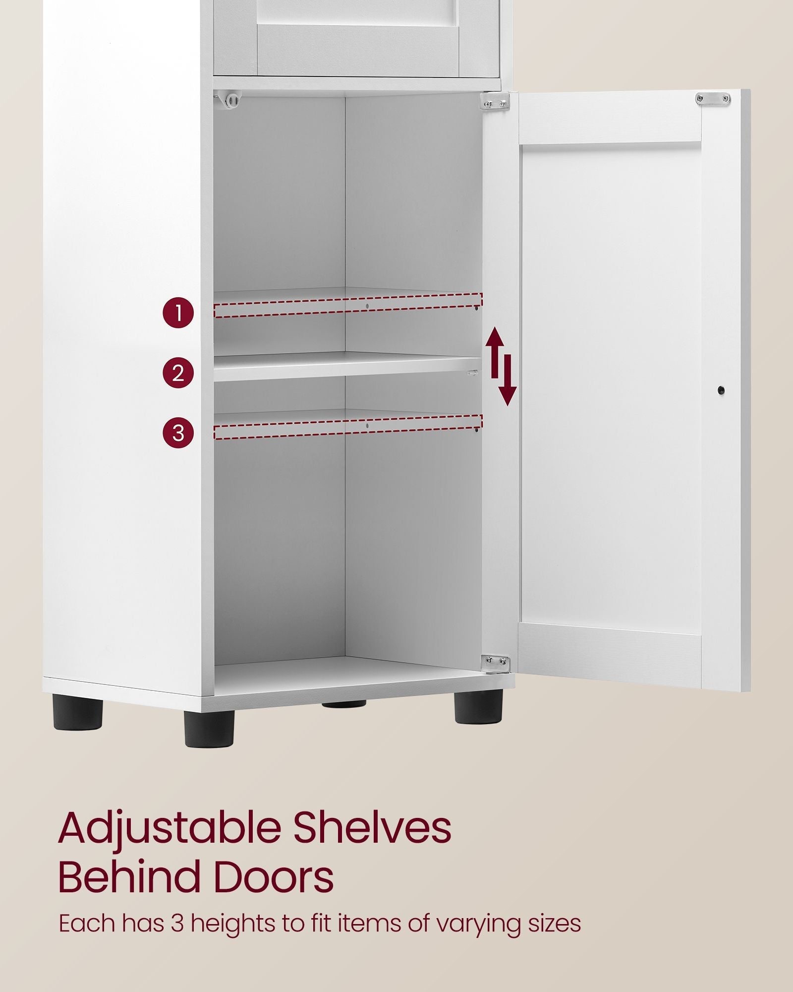Free-Standing Bathroom Cabinet - Wood - Cloud White - Slim Design with Open Shelf and Adjustable Height Shelves