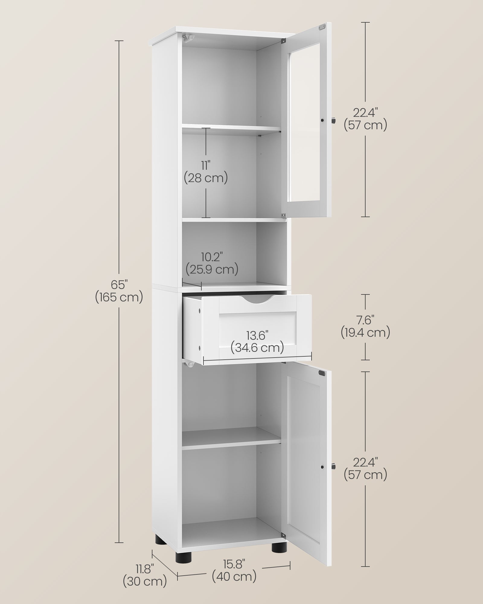 Free-Standing Bathroom Cabinet - Wood - Cloud White - Slim Design with Open Shelf and Adjustable Height Shelves
