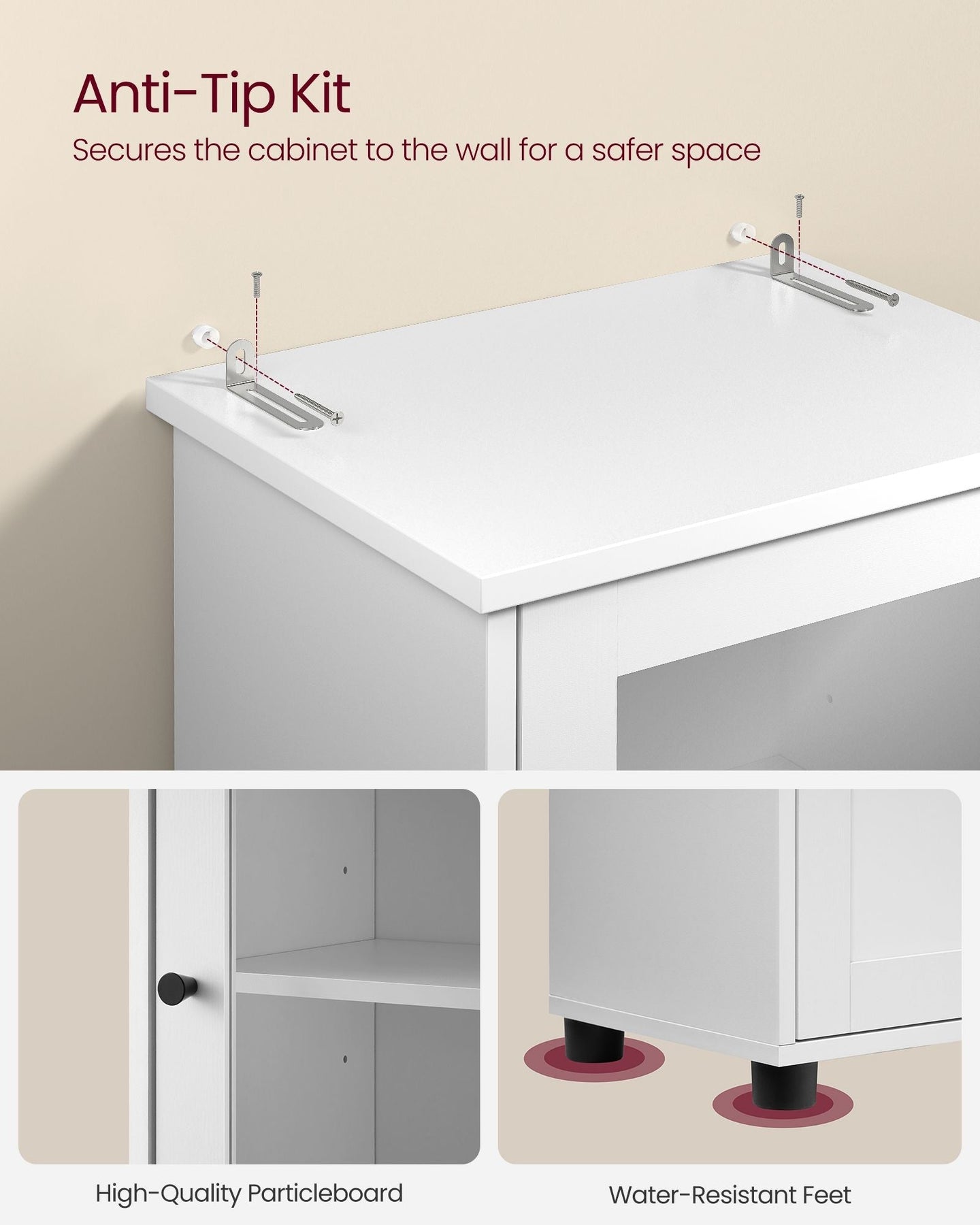 Free-Standing Bathroom Cabinet - Wood - Cloud White - Slim Design with Open Shelf and Adjustable Height Shelves