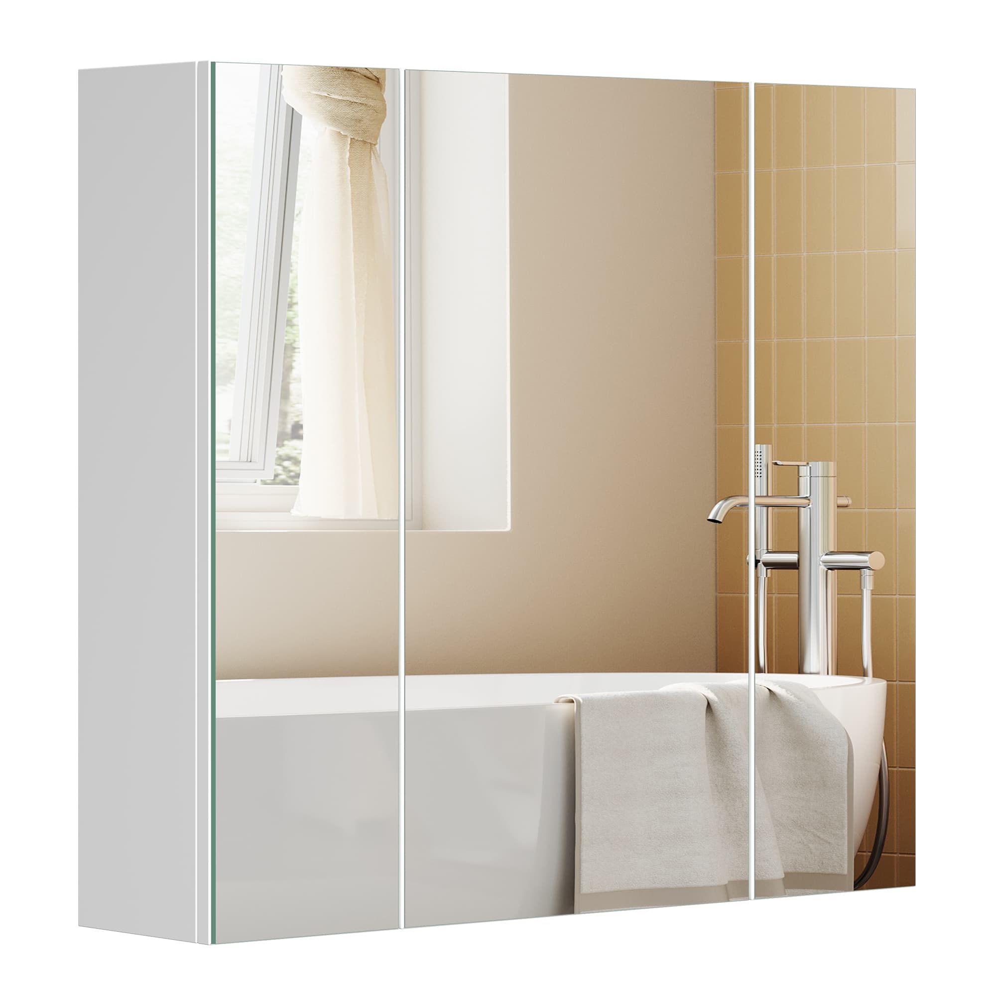 Wall-mounted Storage Cabinet - MDF - White - Three-Door with Mirrors and Adjustable Shelf