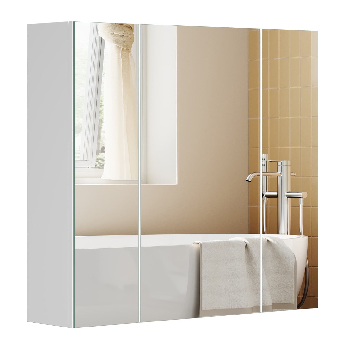 Wall-mounted Storage Cabinet - MDF - White - Three-Door with Mirrors and Adjustable Shelf