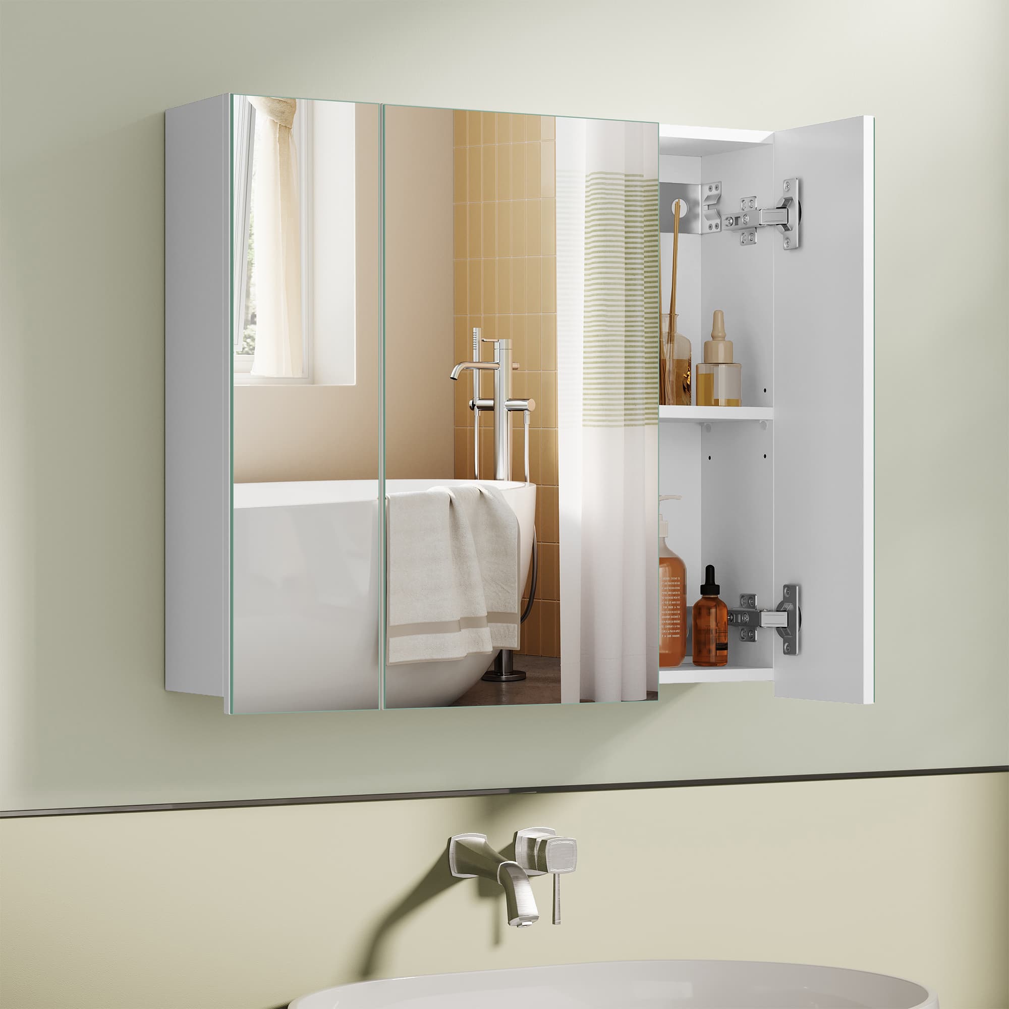 Wall-mounted Storage Cabinet - MDF - White - Three-Door with Mirrors and Adjustable Shelf