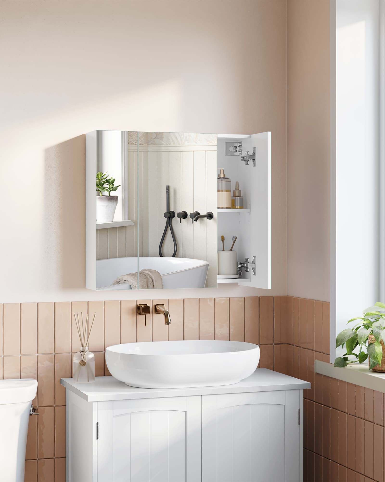 Wall-mounted Storage Cabinet - MDF - White - Three-Door with Mirrors and Adjustable Shelf