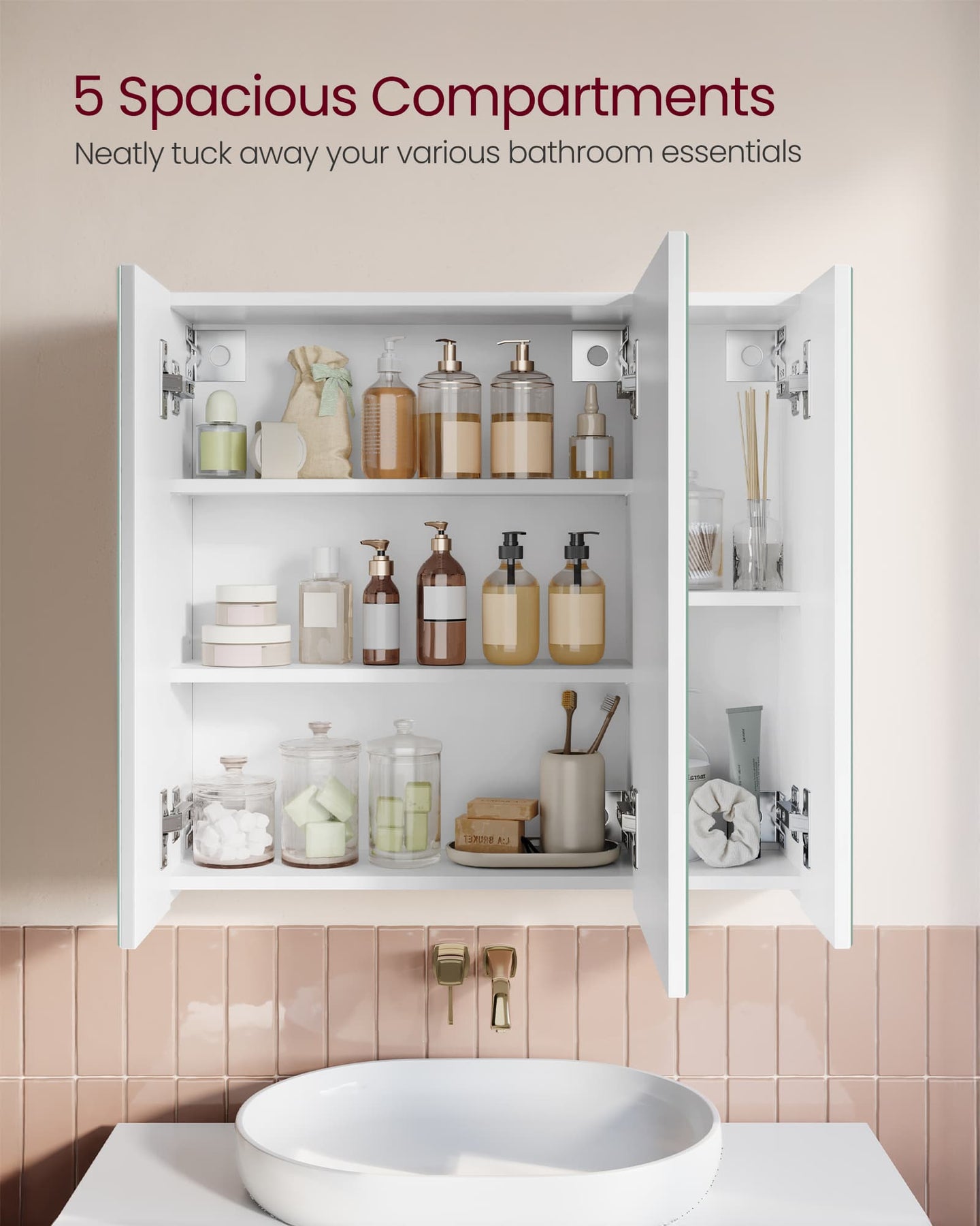 Wall-mounted Storage Cabinet - MDF - White - Three-Door with Mirrors and Adjustable Shelf