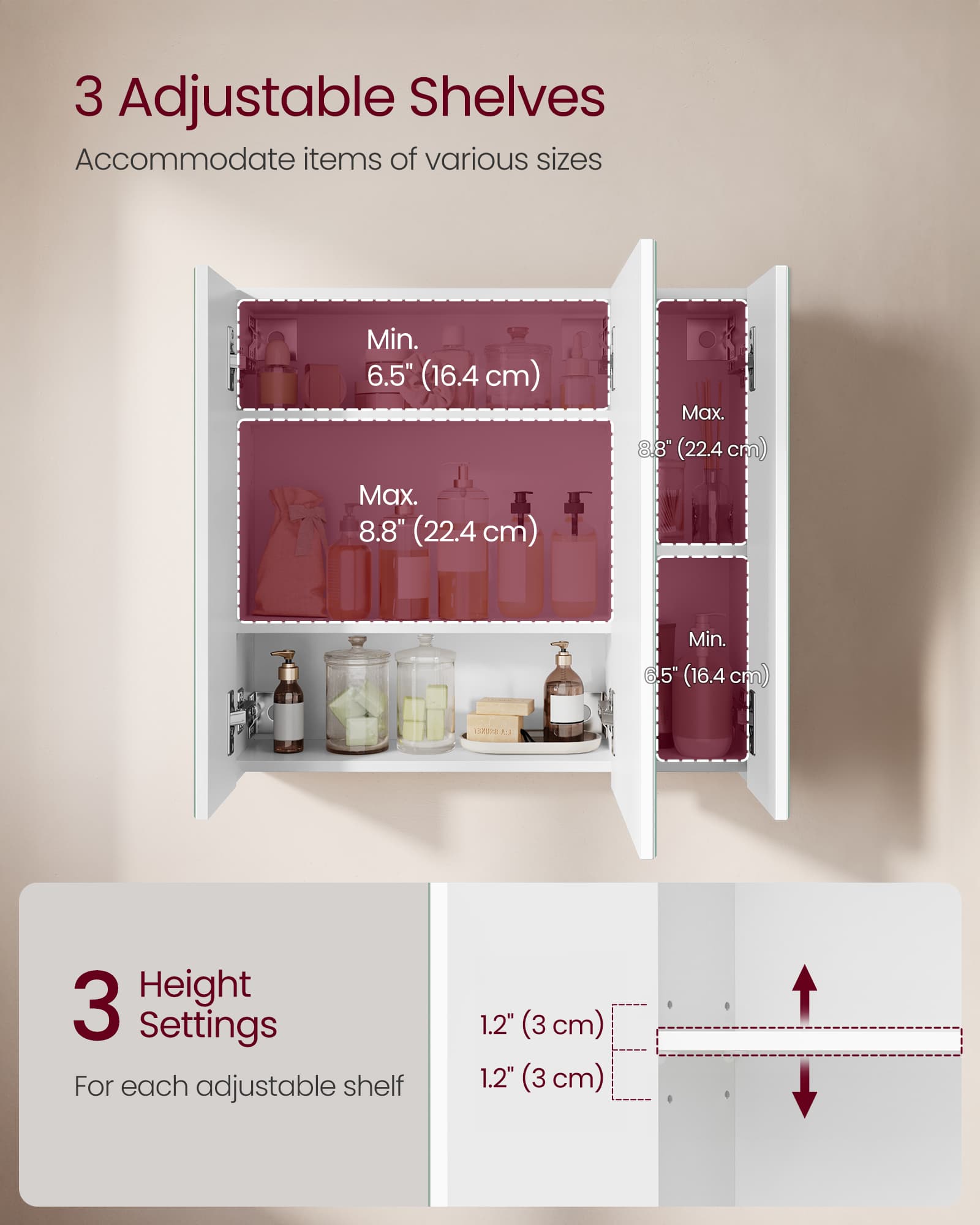 Wall-mounted Storage Cabinet - MDF - White - Three-Door with Mirrors and Adjustable Shelf