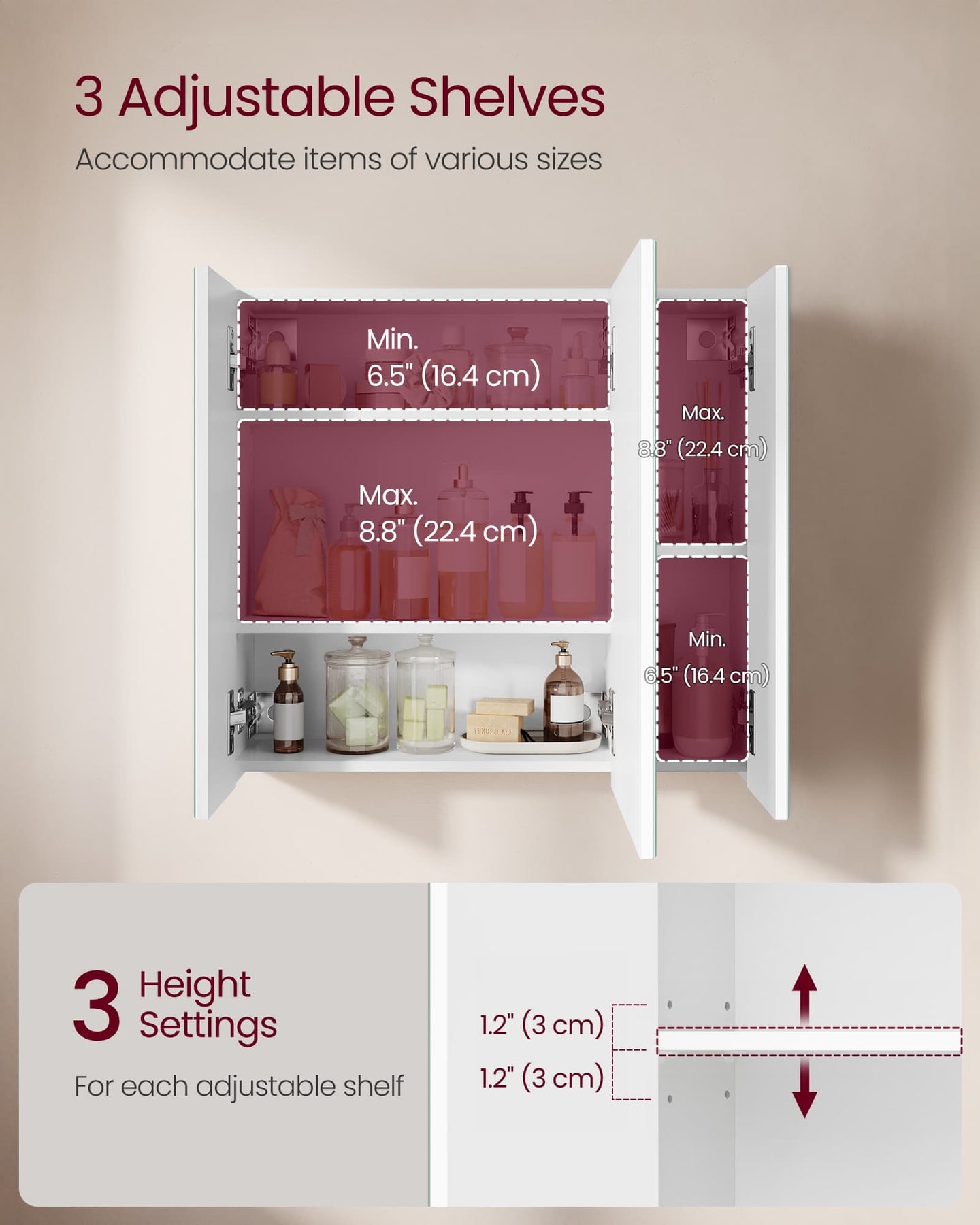 Wall-mounted Storage Cabinet - MDF - White - Three-Door with Mirrors and Adjustable Shelf