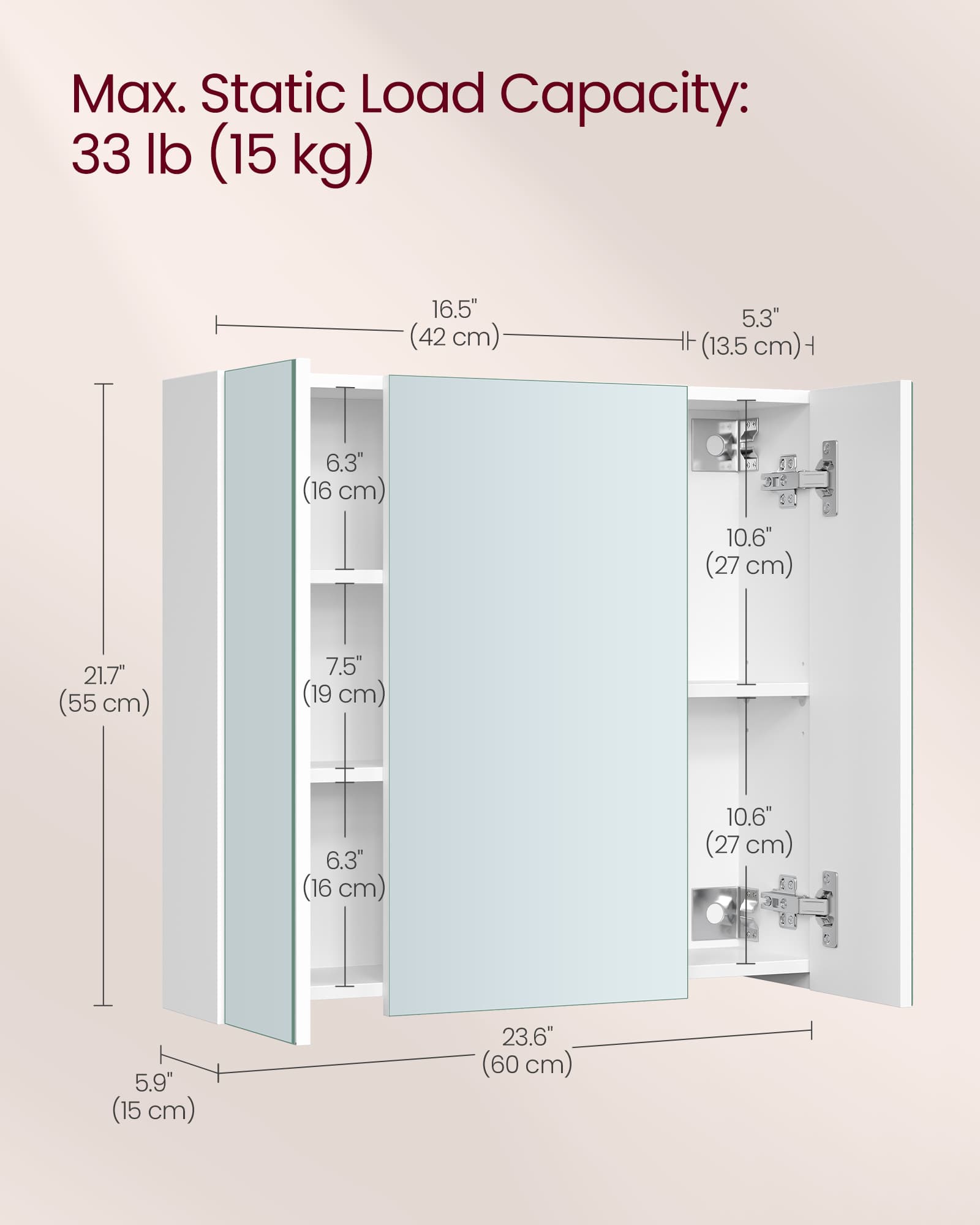 Wall-mounted Storage Cabinet - MDF - White - Three-Door with Mirrors and Adjustable Shelf