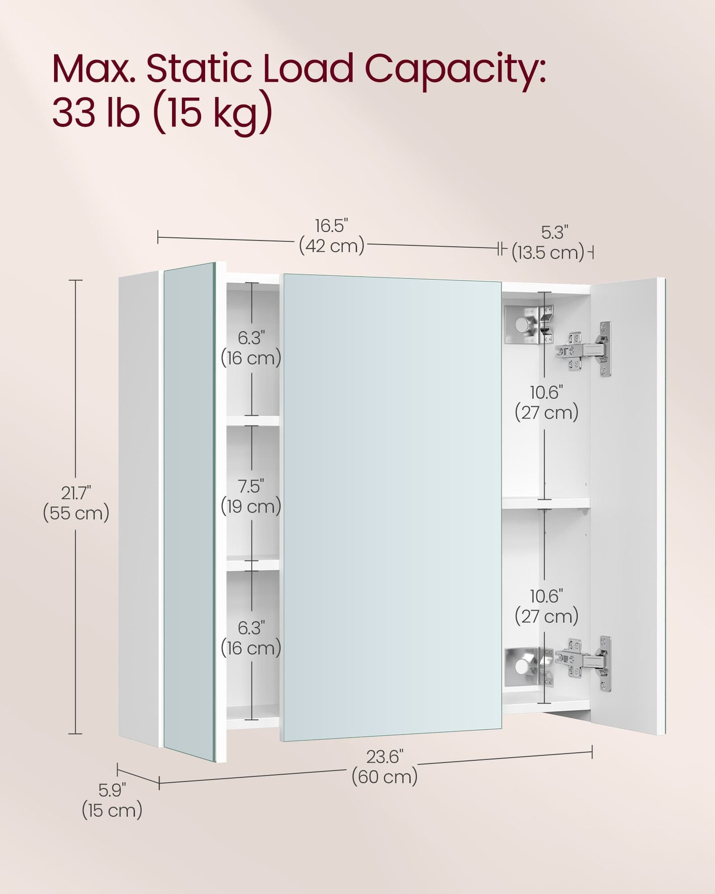 Wall-mounted Storage Cabinet - MDF - White - Three-Door with Mirrors and Adjustable Shelf