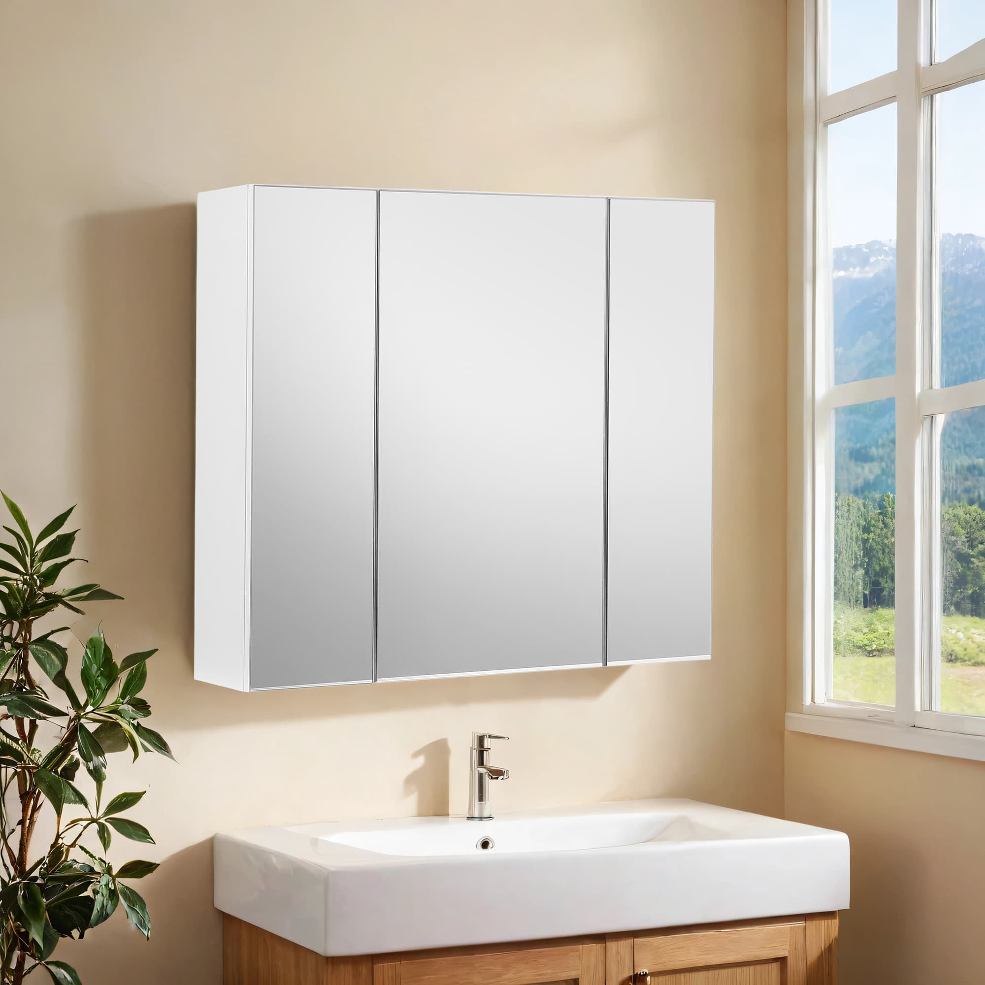 Wall-Mounted Bathroom Storage Cabinet - MDF - White - 3-Door with Adjustable Shelf and Mirror
