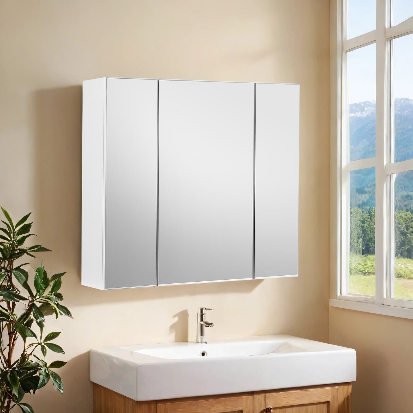 Wall-Mounted Bathroom Storage Cabinet - MDF - White - 3-Door with Adjustable Shelf and Mirror