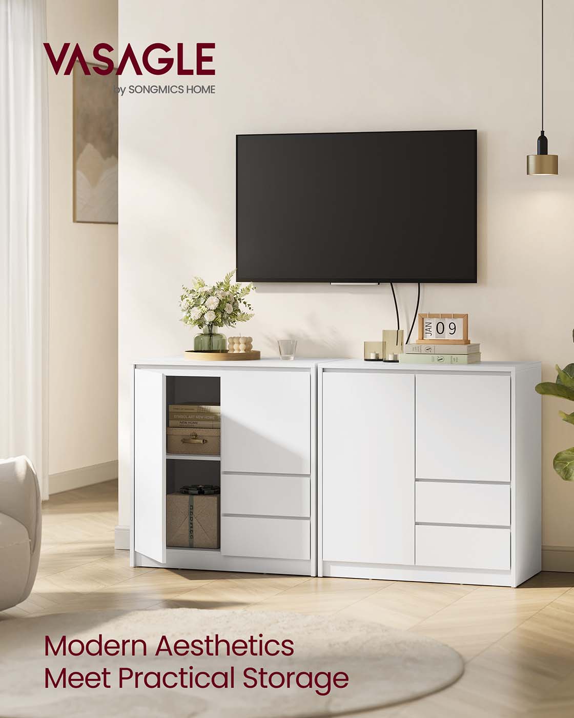 Sideboard Cabinet - Engineered Wood - Cloud White - Adjustable Shelf and Drawers