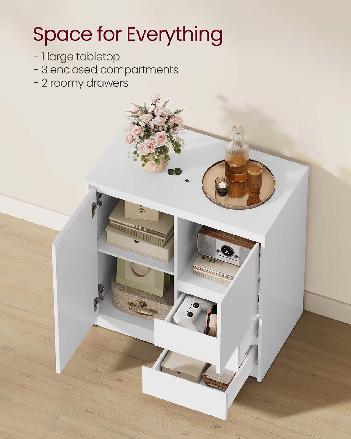 Sideboard Cabinet - Engineered Wood - Cloud White - Adjustable Shelf and Drawers