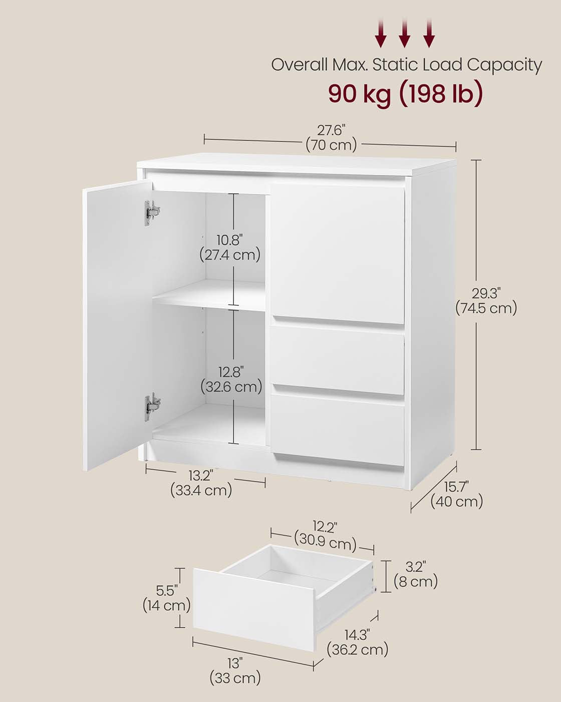Sideboard Cabinet - Engineered Wood - Cloud White - Adjustable Shelf and Drawers