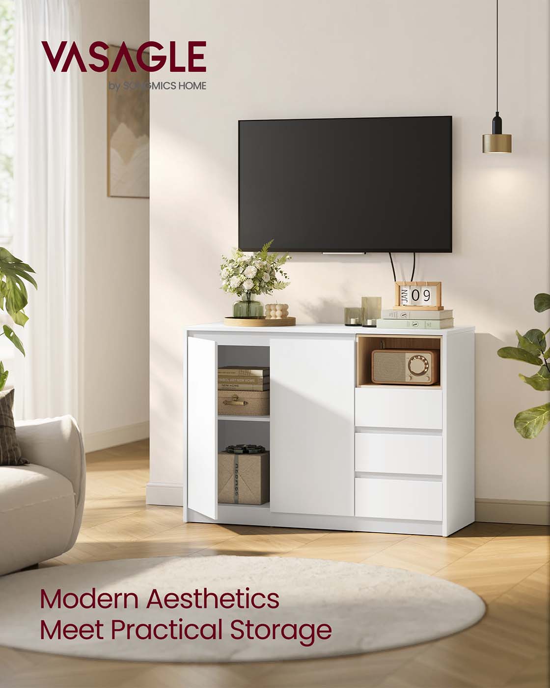 Sideboard Cabinet - Wood - Cloud White - Adjustable Shelf and 3 Drawers