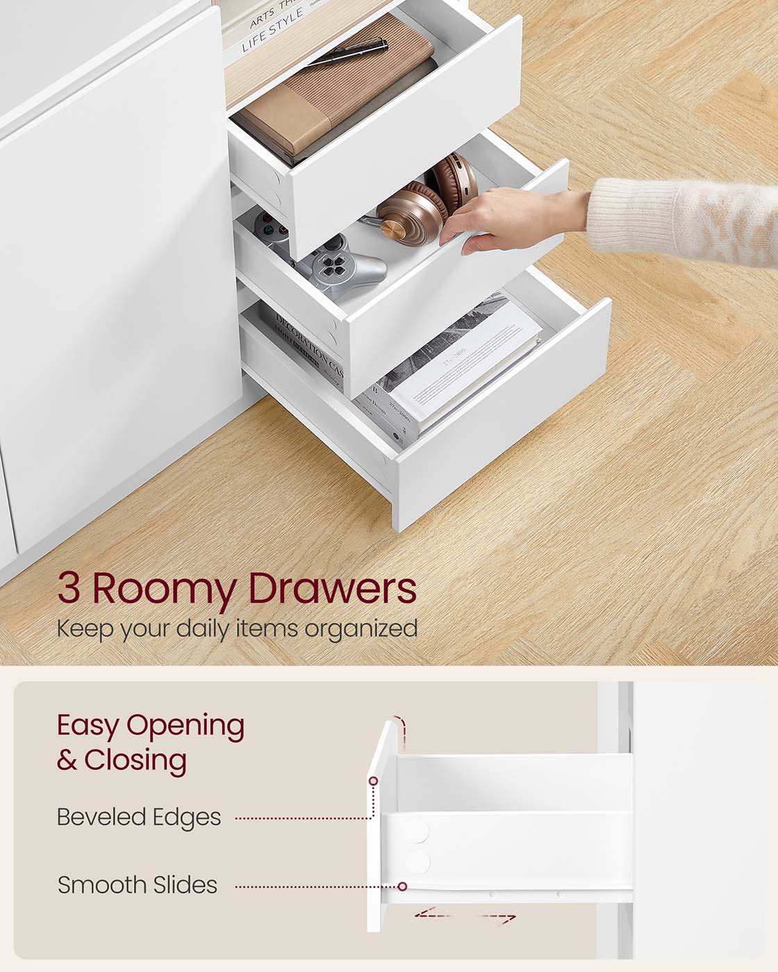 Sideboard Cabinet - Wood - Cloud White - Adjustable Shelf and 3 Drawers