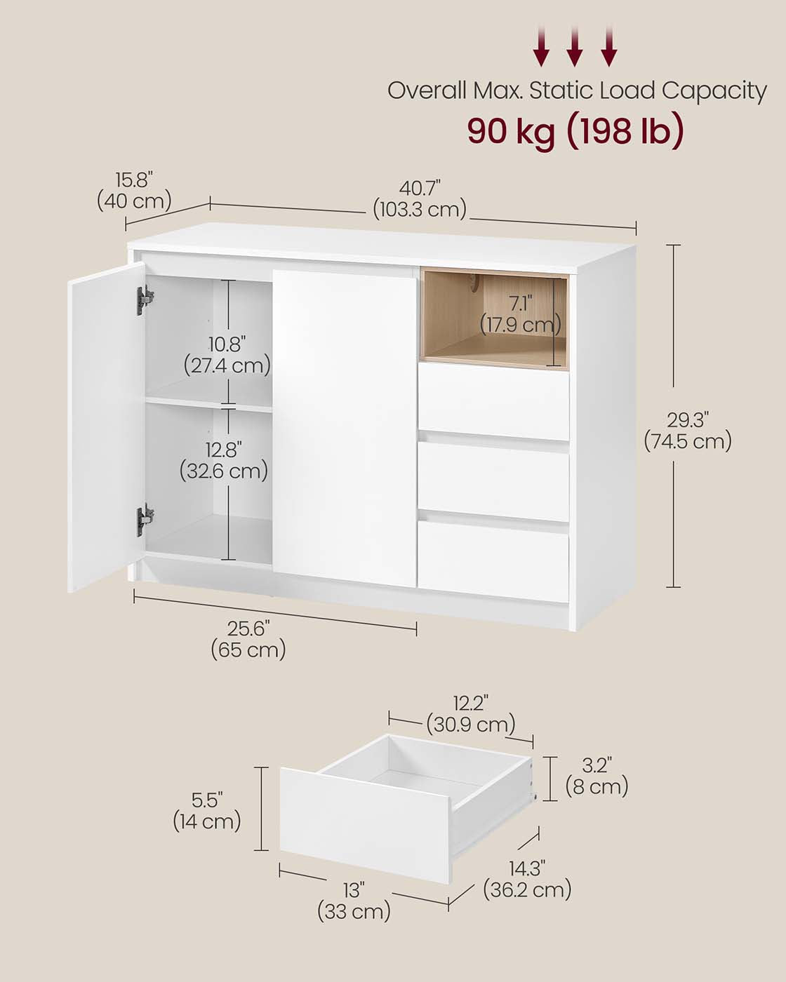 Sideboard Cabinet - Wood - Cloud White - Adjustable Shelf and 3 Drawers