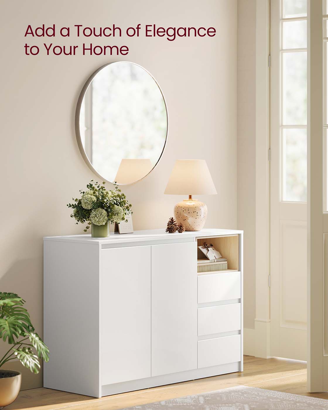 Sideboard Cabinet - Wood - Cloud White - Adjustable Shelf and 3 Drawers
