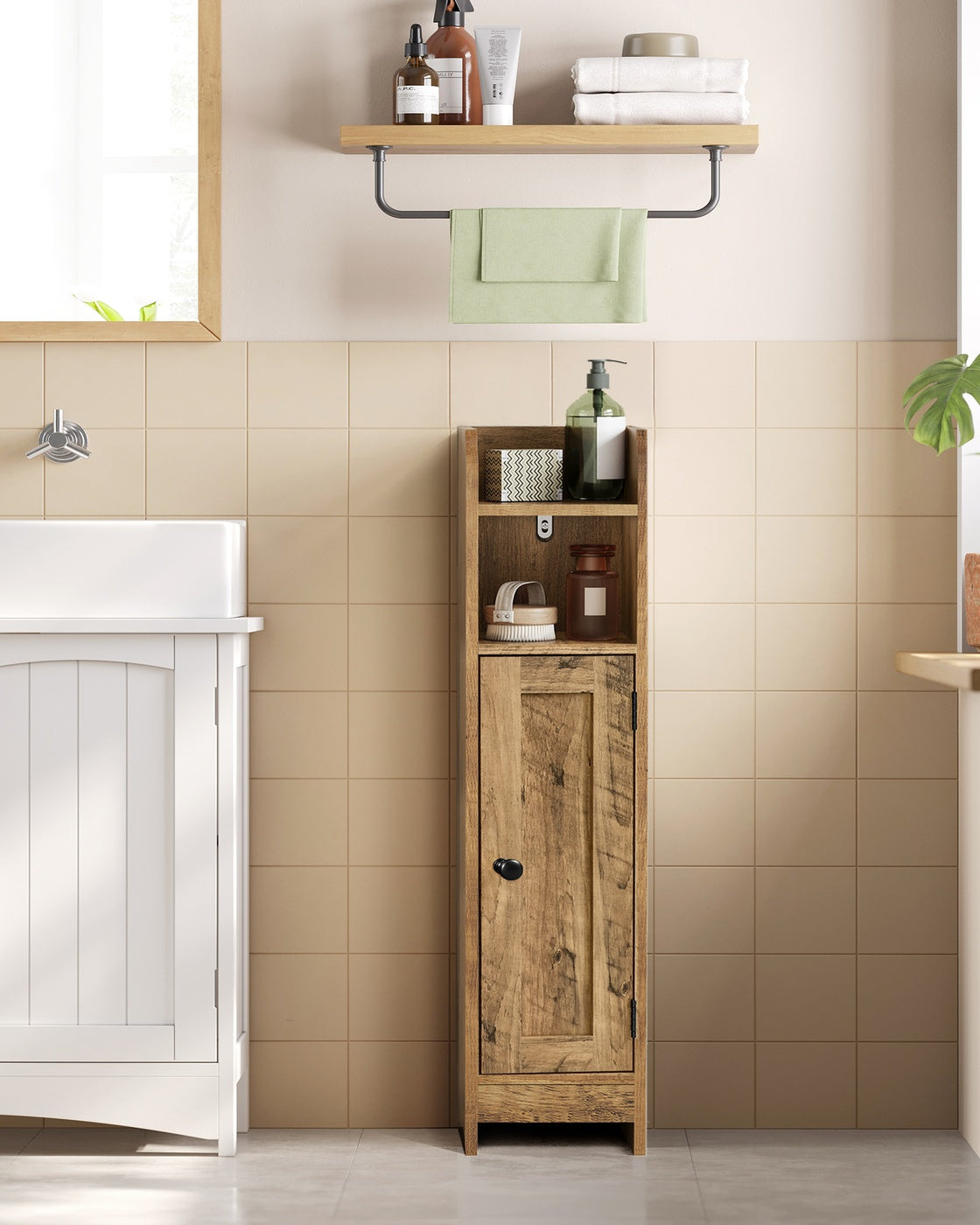 Bathroom Floor Cabinet - Engineered Wood - Honey Brown - Freestanding with Adjustable Shelves