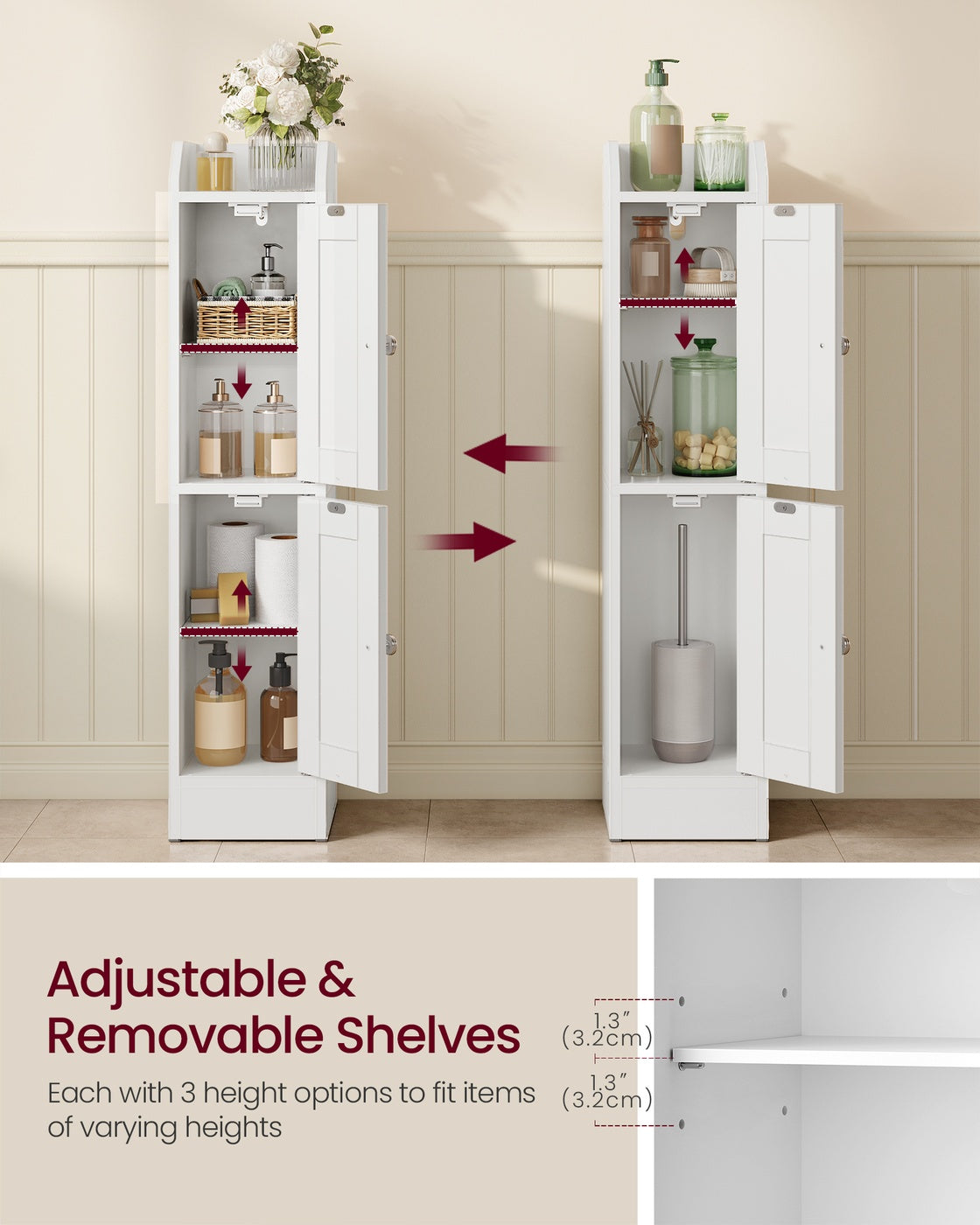 Bathroom Floor Storage Cabinet - MDF - White - with Door and Shelves