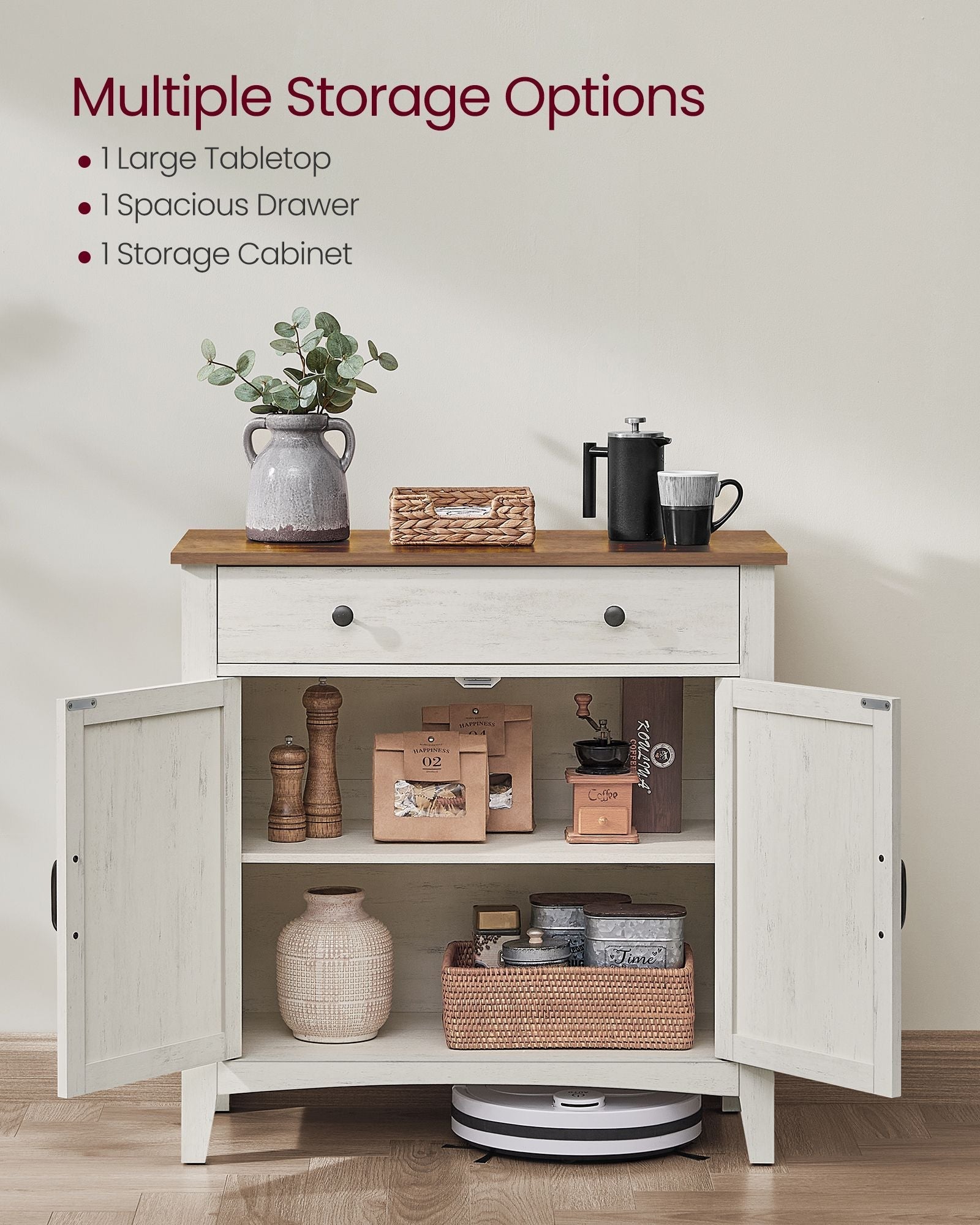 Storage Sideboard - Wood - Rustic White - Adjustable Shelf and Drawer