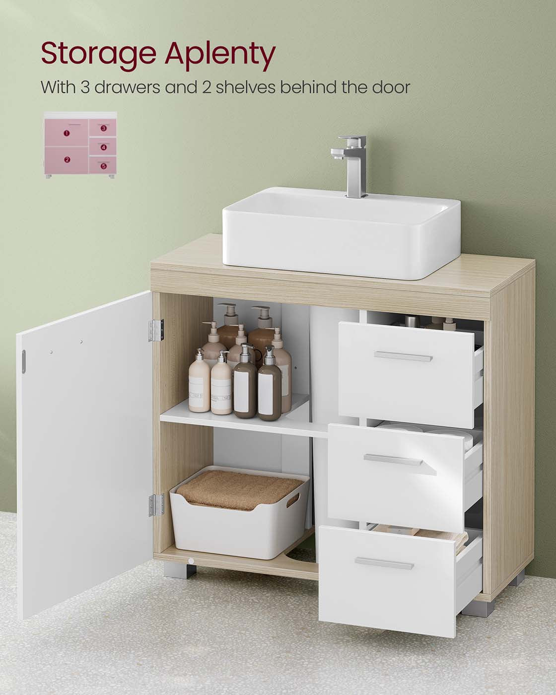 Under Sink Bathroom Cabinet - Wood - White - Featuring 3 Drawers and 2 Compartments