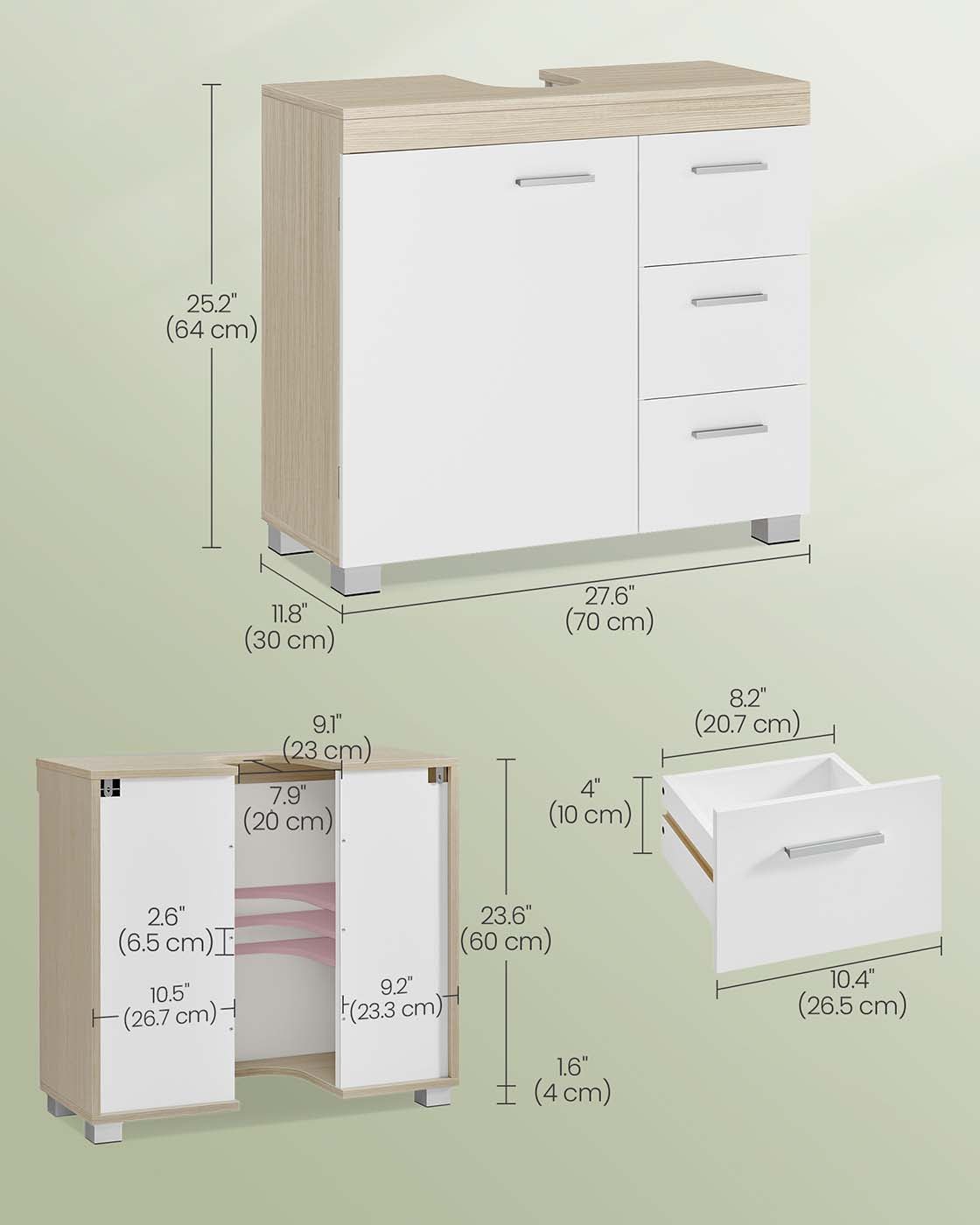 Under Sink Bathroom Cabinet - Wood - White - Featuring 3 Drawers and 2 Compartments