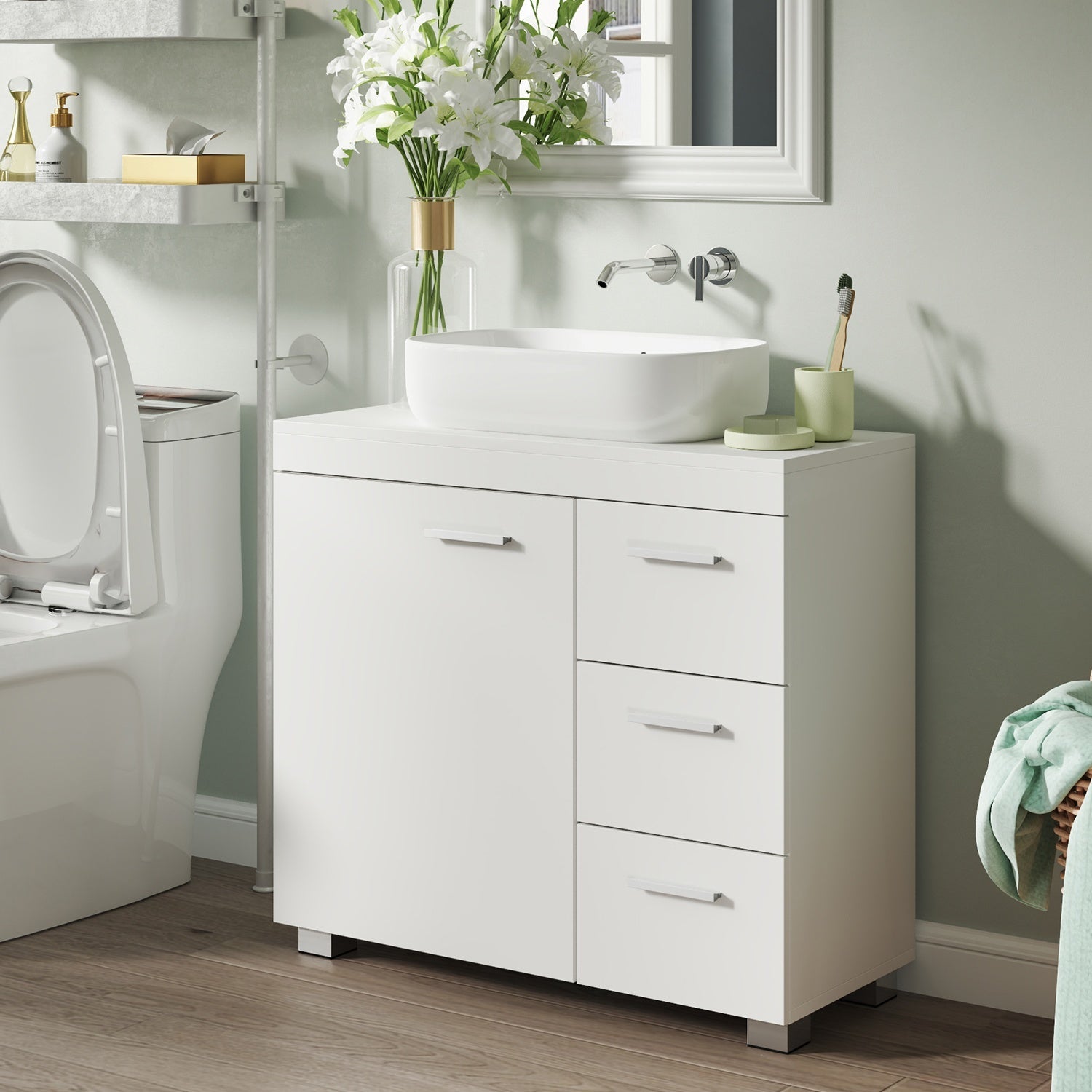Under Sink Bathroom Storage Cabinet - 3 Drawers - Wood - Cloud White