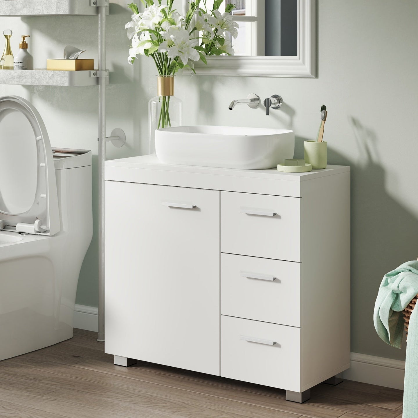 Under Sink Bathroom Storage Cabinet - 3 Drawers - Wood - Cloud White