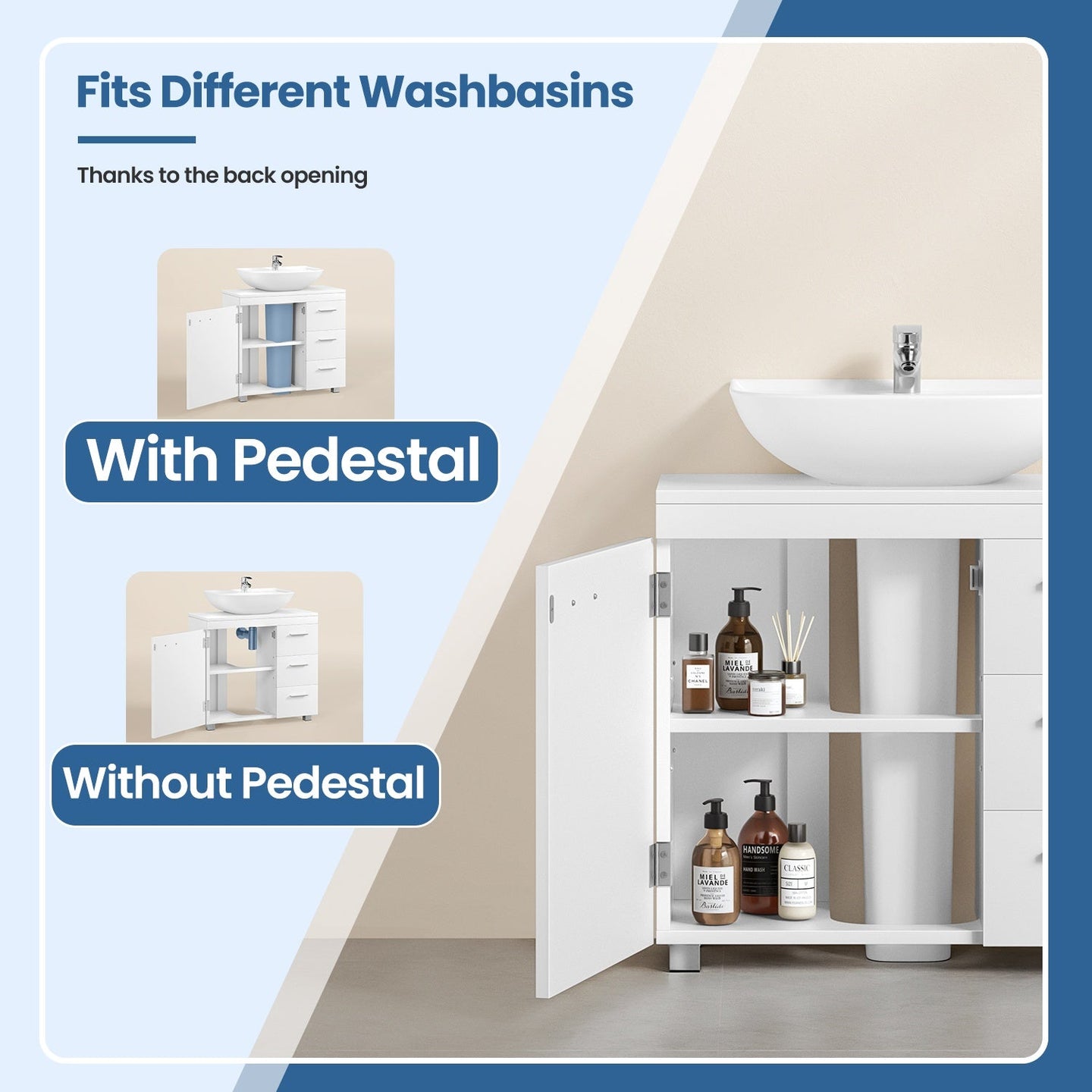 Under Sink Bathroom Storage Cabinet - 3 Drawers - Wood - Cloud White