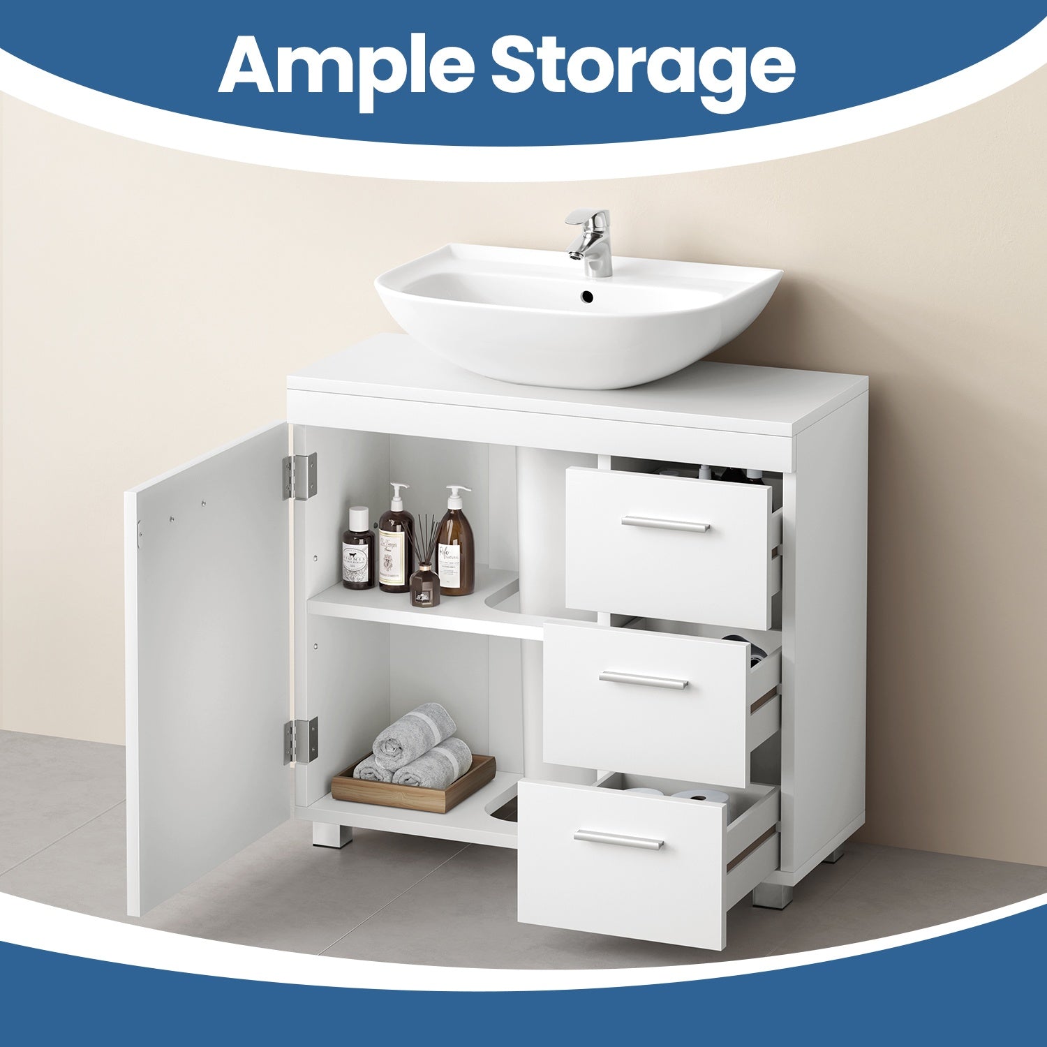 Under Sink Bathroom Storage Cabinet - 3 Drawers - Wood - Cloud White