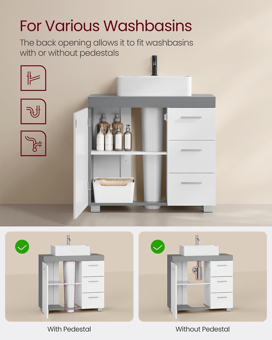Under Sink Bathroom Cabinet - Wood - White - 3 Drawers