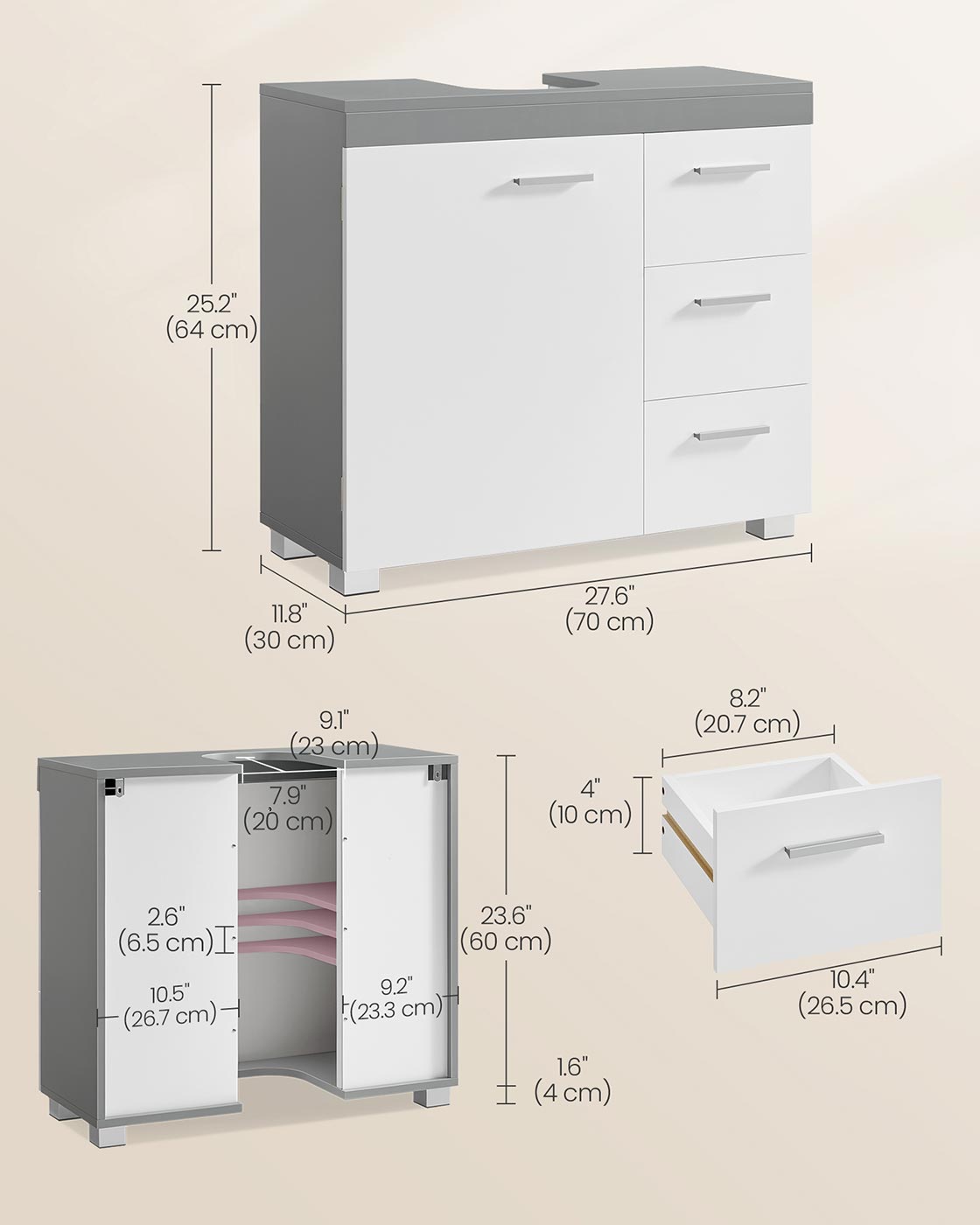 Under Sink Bathroom Cabinet - Wood - White - 3 Drawers