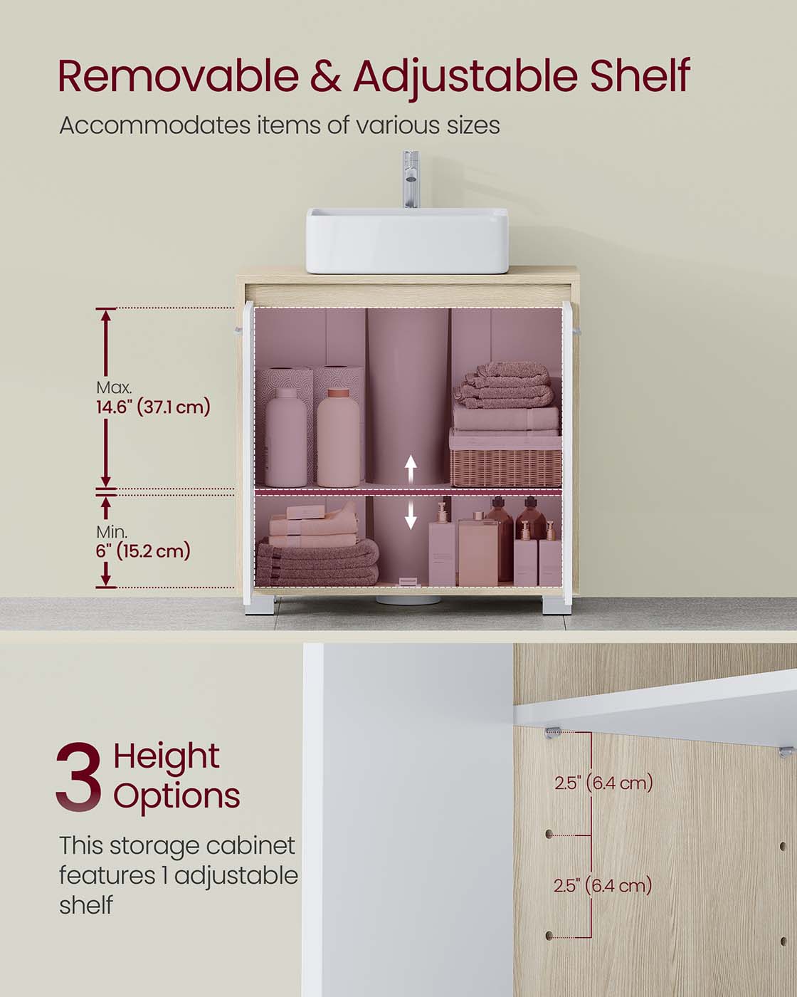 Under Sink Bathroom Cabinet - MDF - Natural Beige - Two Storage Compartments