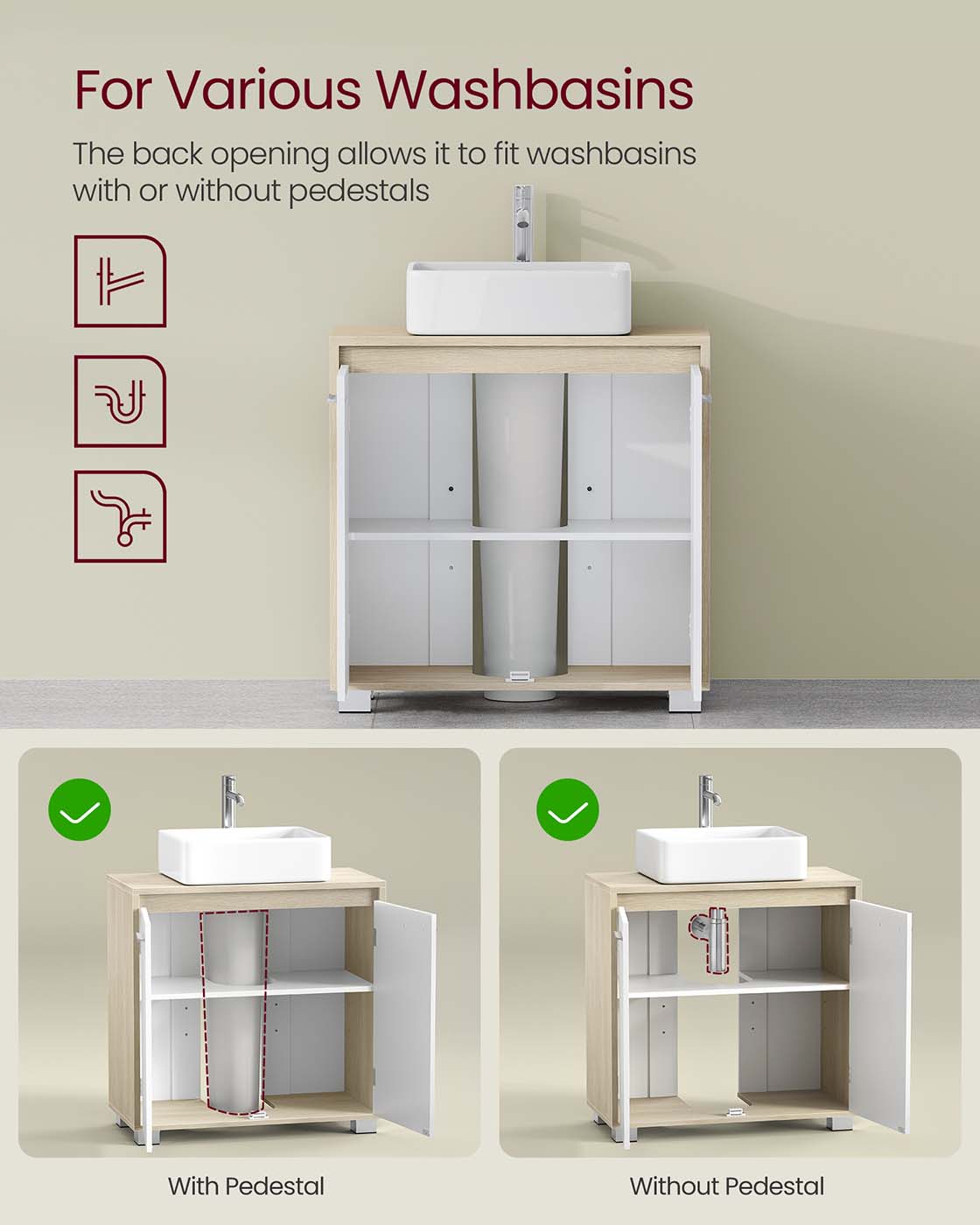 Under Sink Bathroom Cabinet - MDF - Natural Beige - Two Storage Compartments